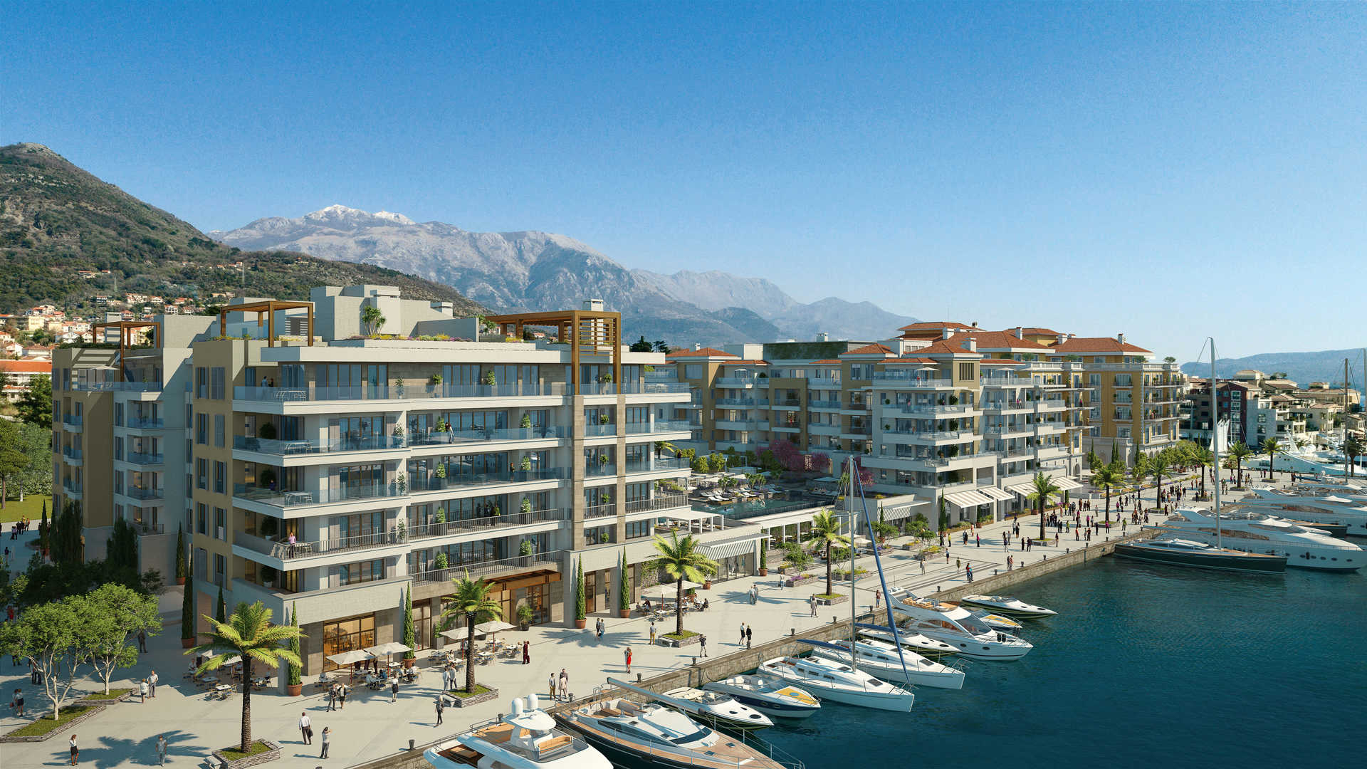 Exterior view of Regent Pool Club Residences, Baia, Porto Montenegro at dusk
