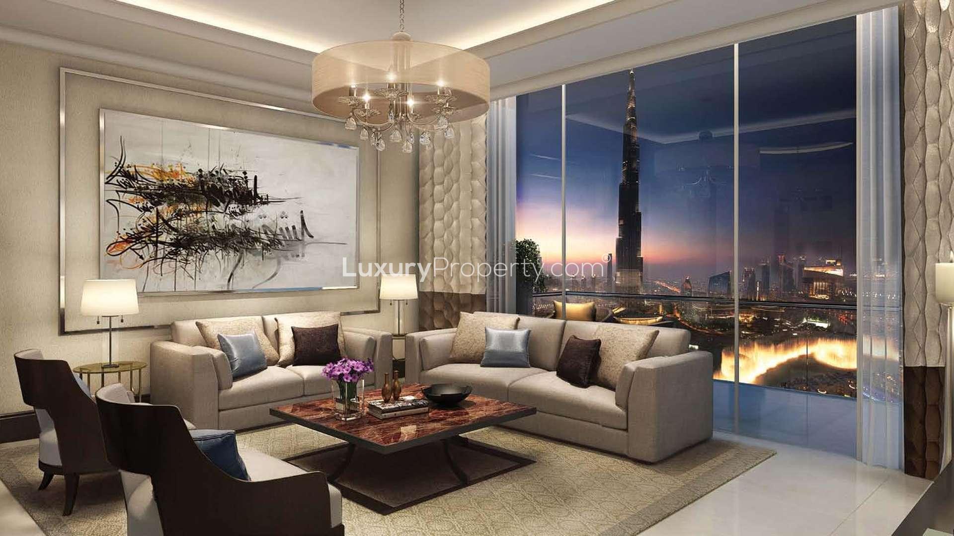 Luxurious Downtown Dubai apartment living room with Burj Khalifa view at sunset