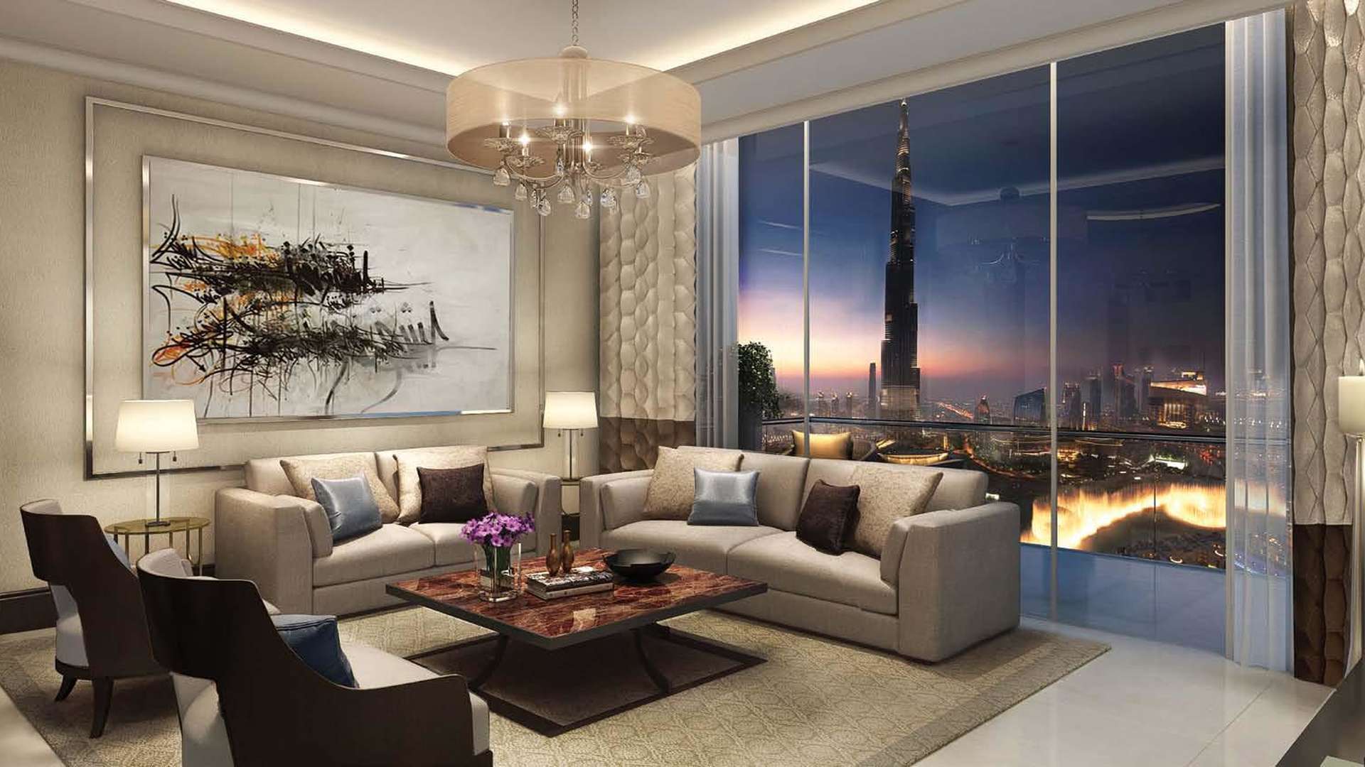 Luxurious Downtown Dubai apartment living room with Burj Khalifa view at sunset