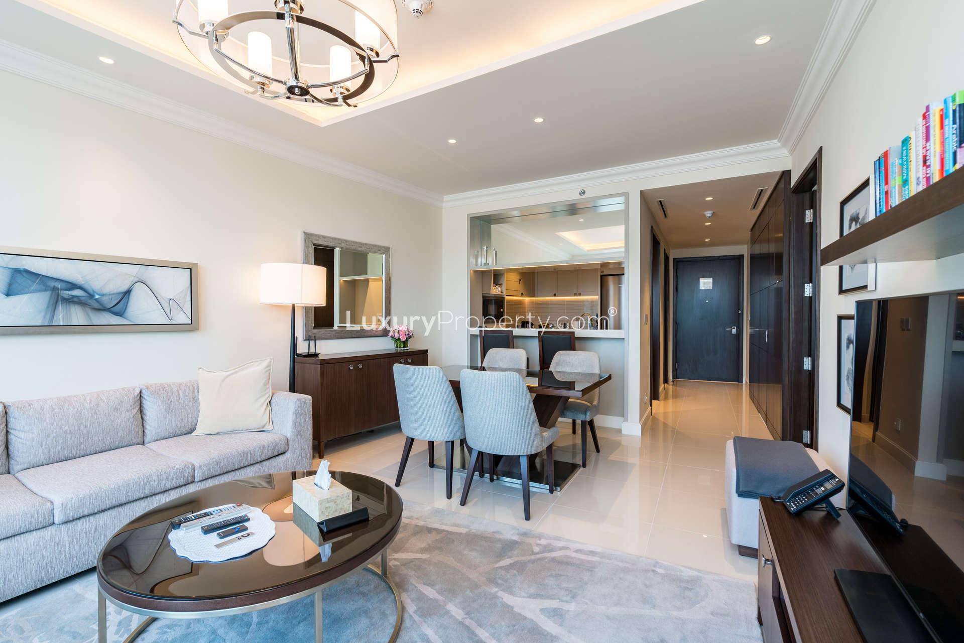 Lavish 1-bedroom apartment living area with skyline view in The Address Fountain Views