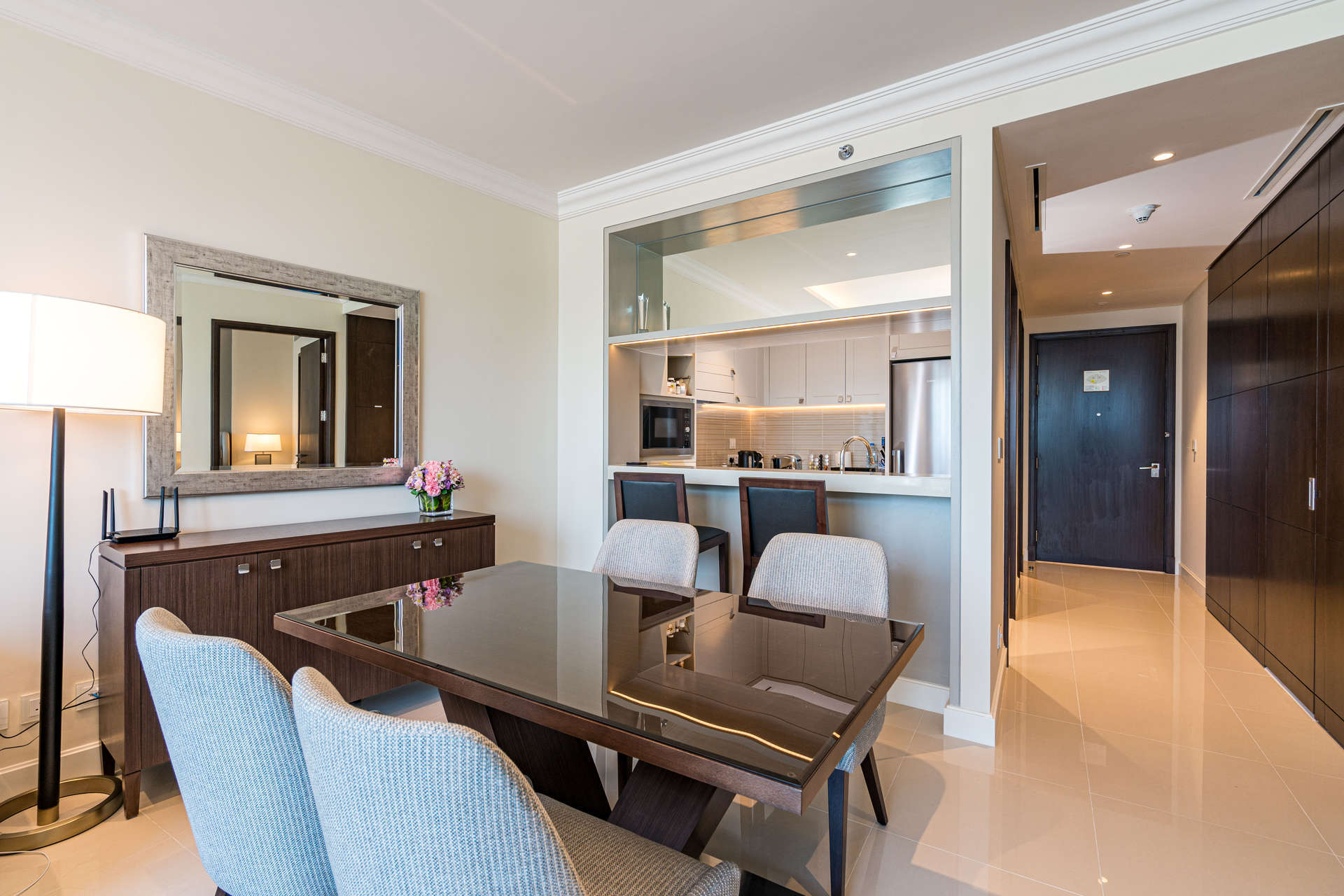 Lavish living room in 1-bedroom serviced apartment, The Address Fountain Views, Downtown Dubai