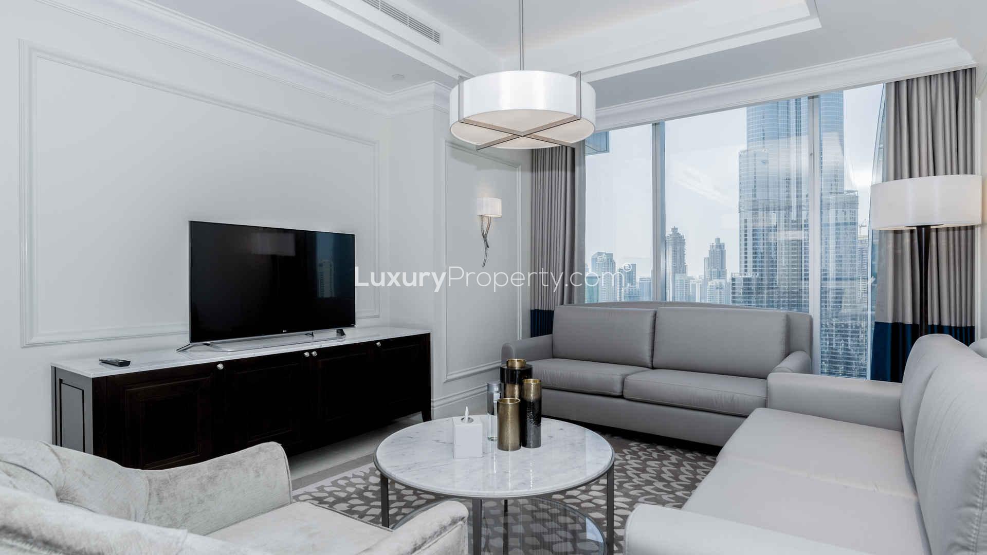 Luxury bedroom with city view in The Address Boulevard, Downtown Dubai apartment for sale