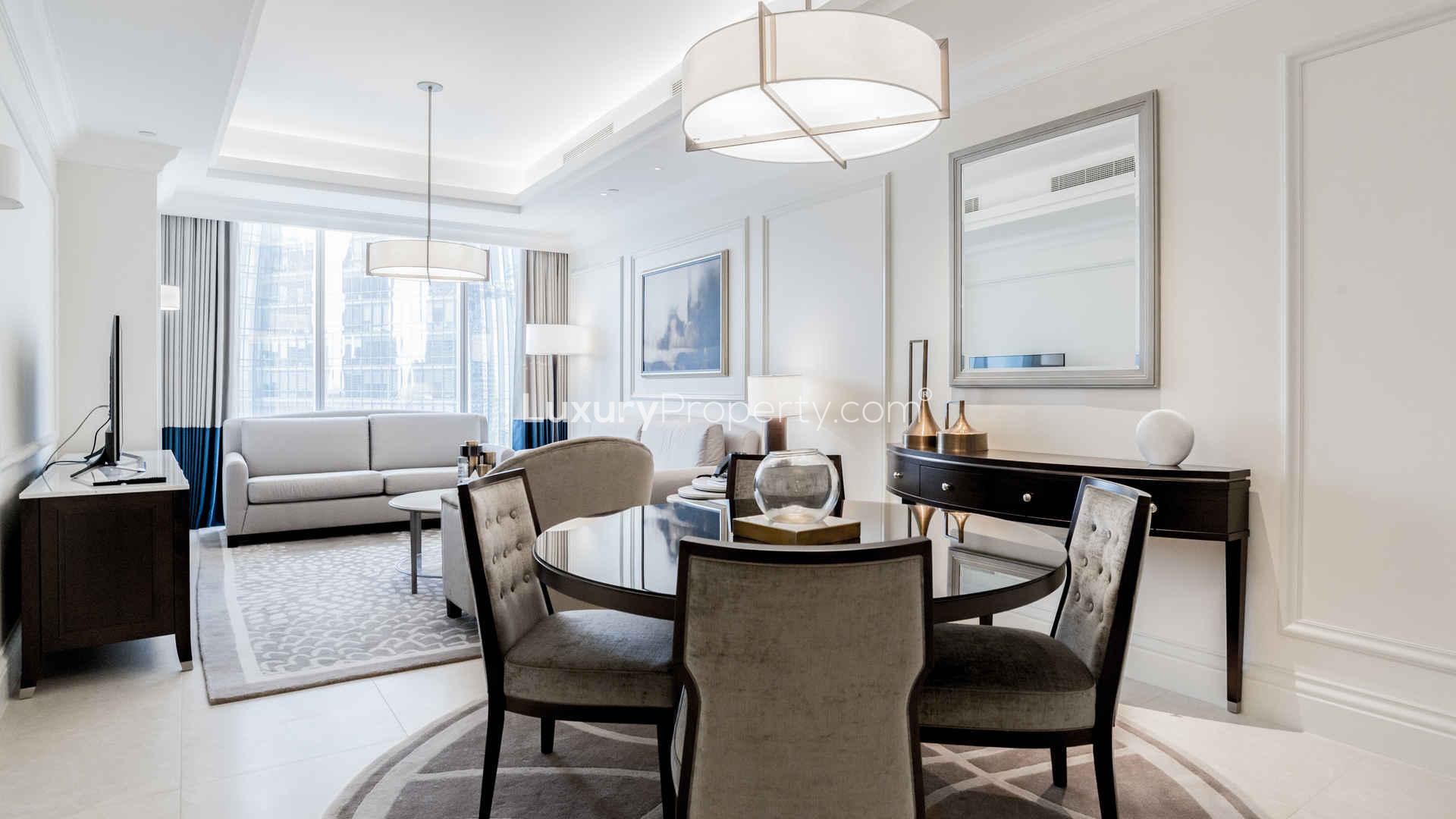 Luxury living room in 1-bedroom apartment, The Address Boulevard, Downtown Dubai, skyline view
