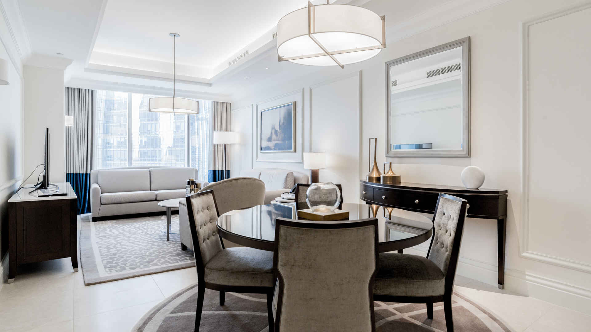 Luxury living room in 1-bedroom apartment, The Address Boulevard, Downtown Dubai, skyline view