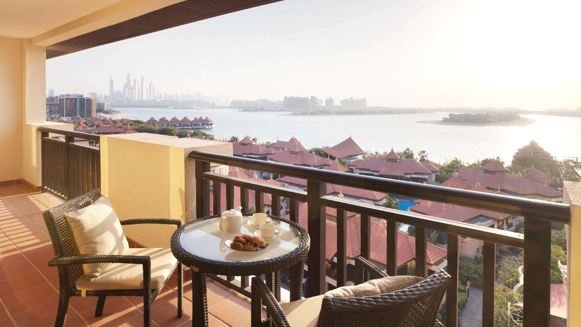 Contemporary living and dining area in serviced apartment, Palm Jumeirah, with sea view