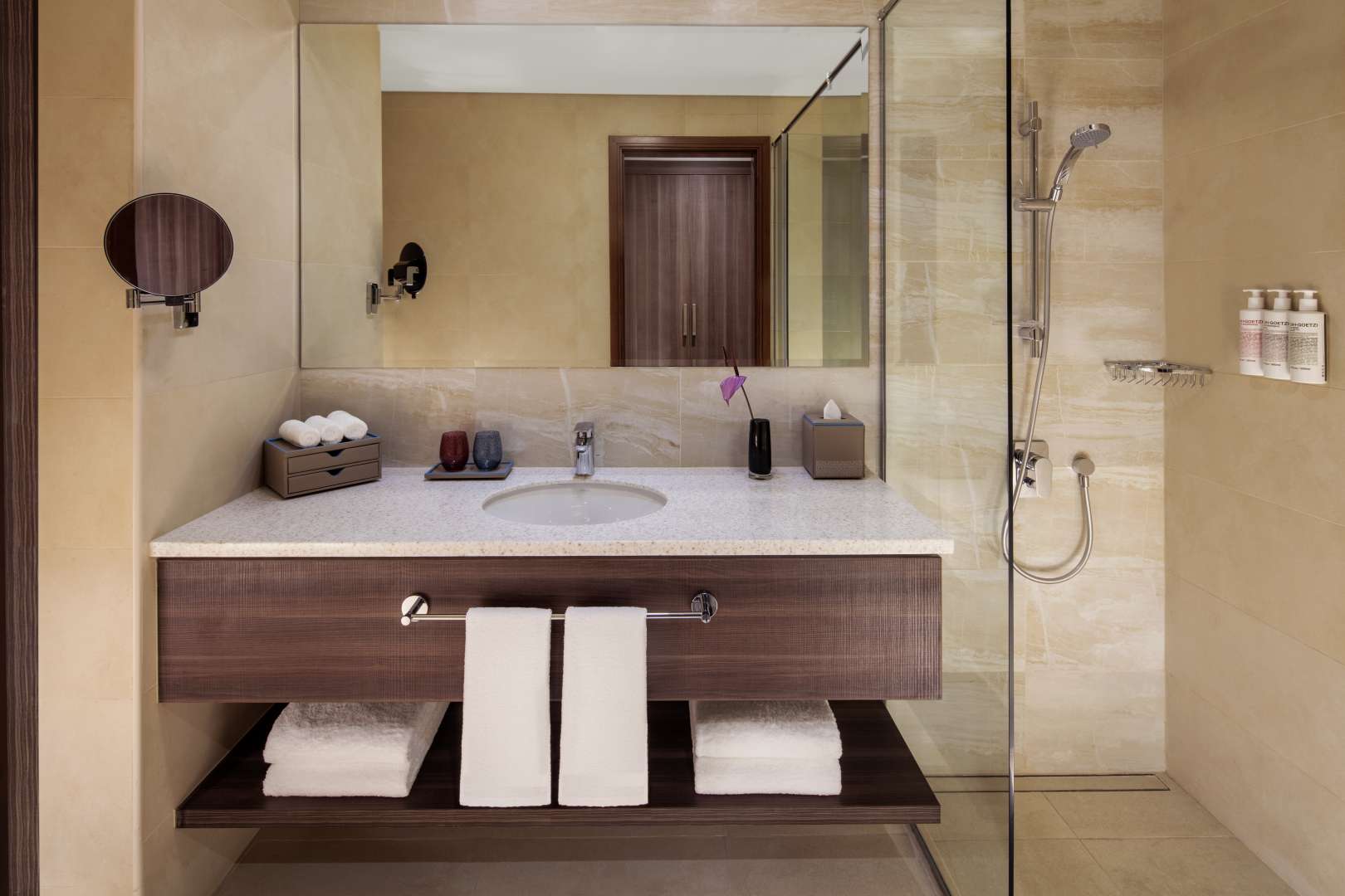 Modern kitchen in Palm View serviced apartment, Dubai Media City, featuring sleek appliances