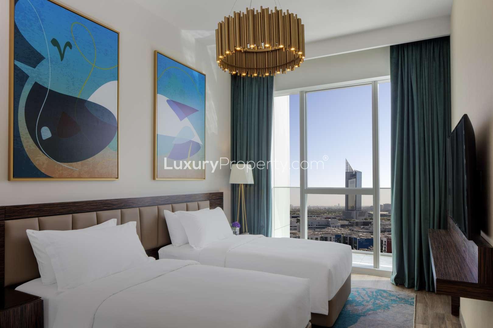 Stylish living room in Palm View Serviced Apartment, Dubai Media City, featuring modern decor