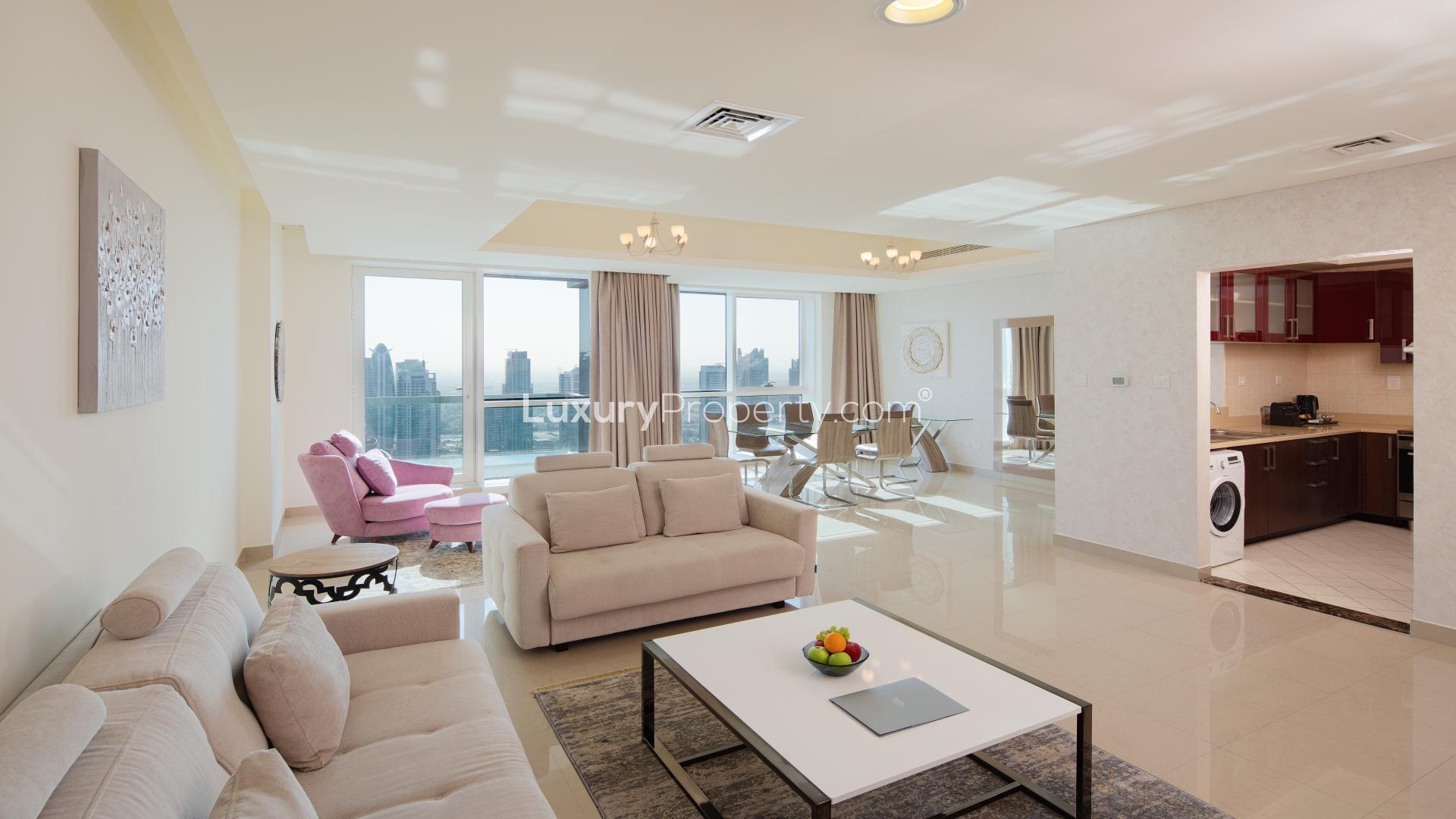 Modern living area in spacious one-bedroom apartment, Barcelo Residences, Dubai Marina, for rent