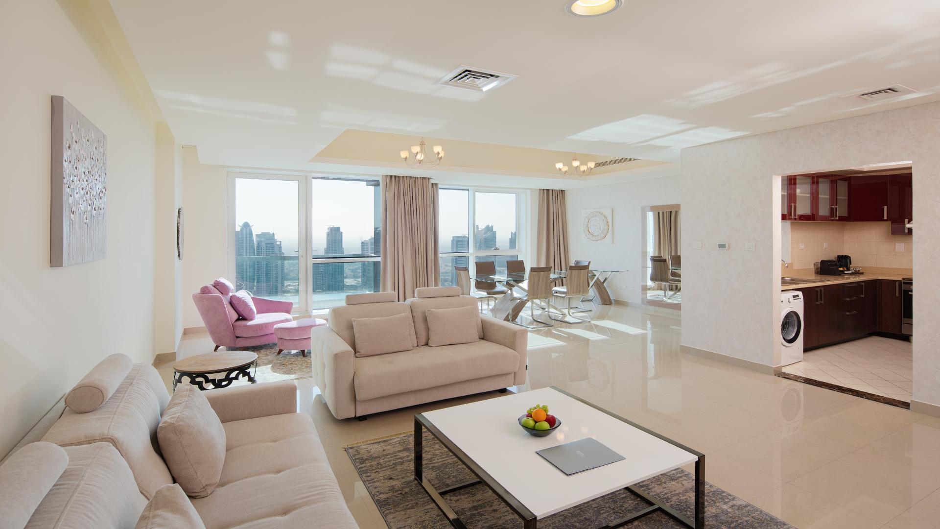 Modern living area in spacious one-bedroom apartment, Barcelo Residences, Dubai Marina, for rent
