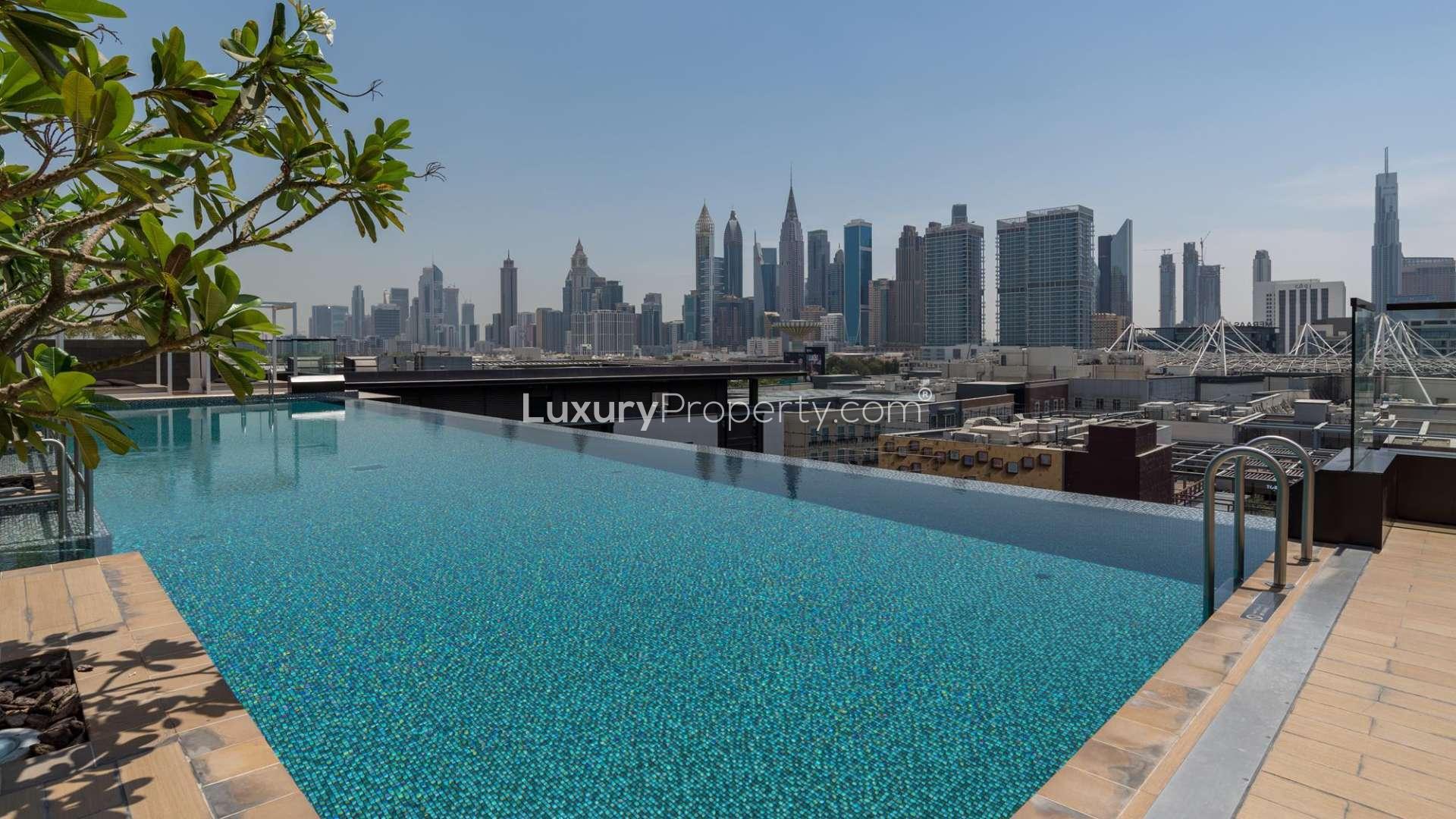 Contemporary living area in serviced apartment at City Walk, featuring modern furniture and decor