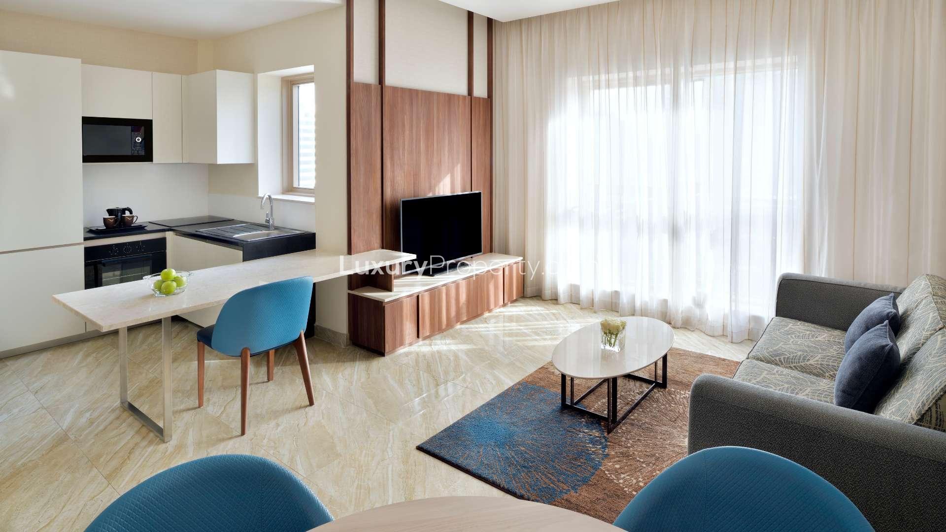 Contemporary serviced apartment building near Dubai Mall, available for rent, exterior view