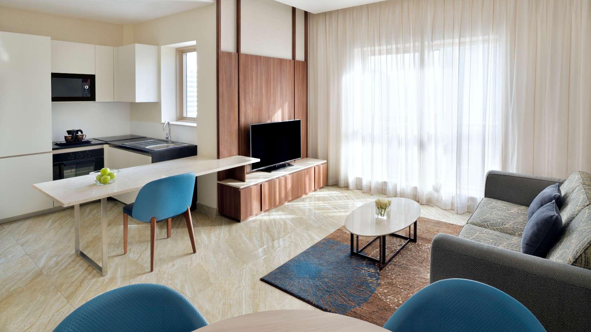 Contemporary serviced apartment building near Dubai Mall, available for rent, exterior view