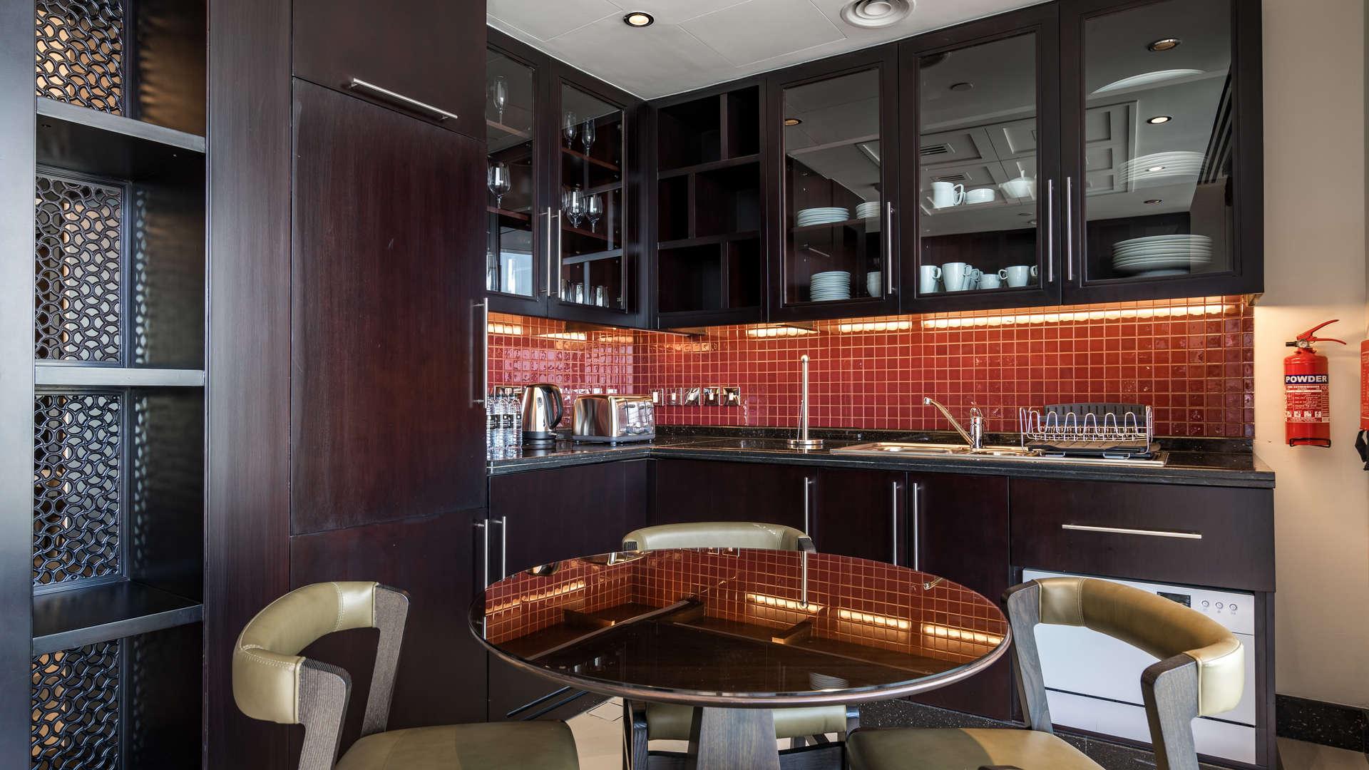 Modern living room in 1-bedroom serviced apartment, The Address Downtown, Dubai skyline view