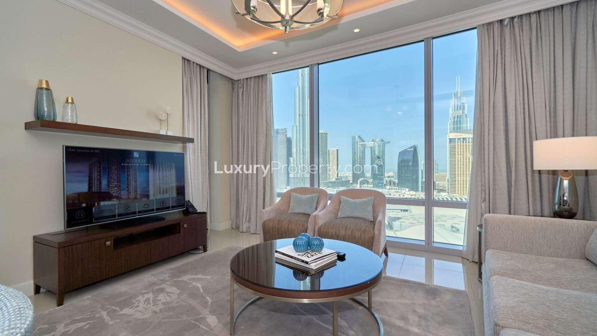 Contemporary 1-bedroom serviced apartment interior at The Address Fountain Views, Downtown Dubai