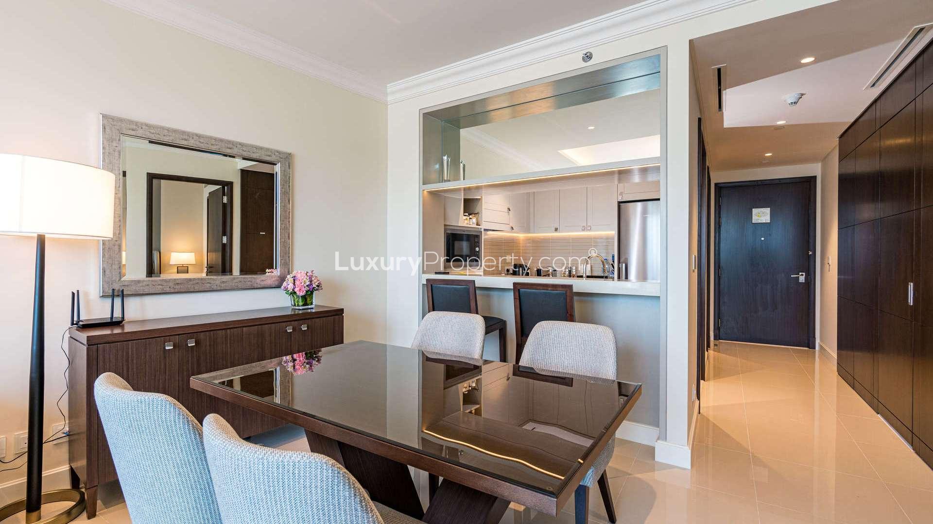 Modern furnished apartment living room with Burj Khalifa view in Downtown Dubai