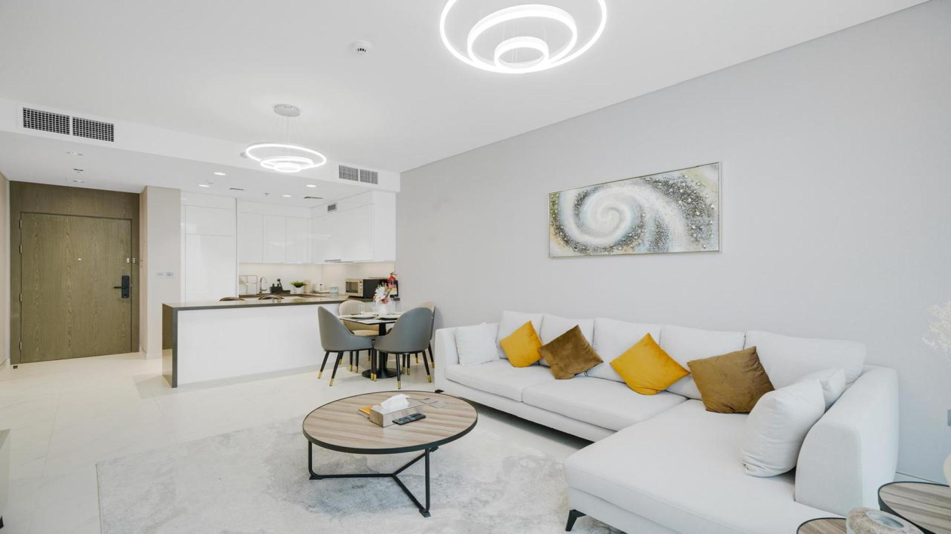 Modern living room in 1-bedroom District One apartment, Mohammed Bin Rashid City, for rent