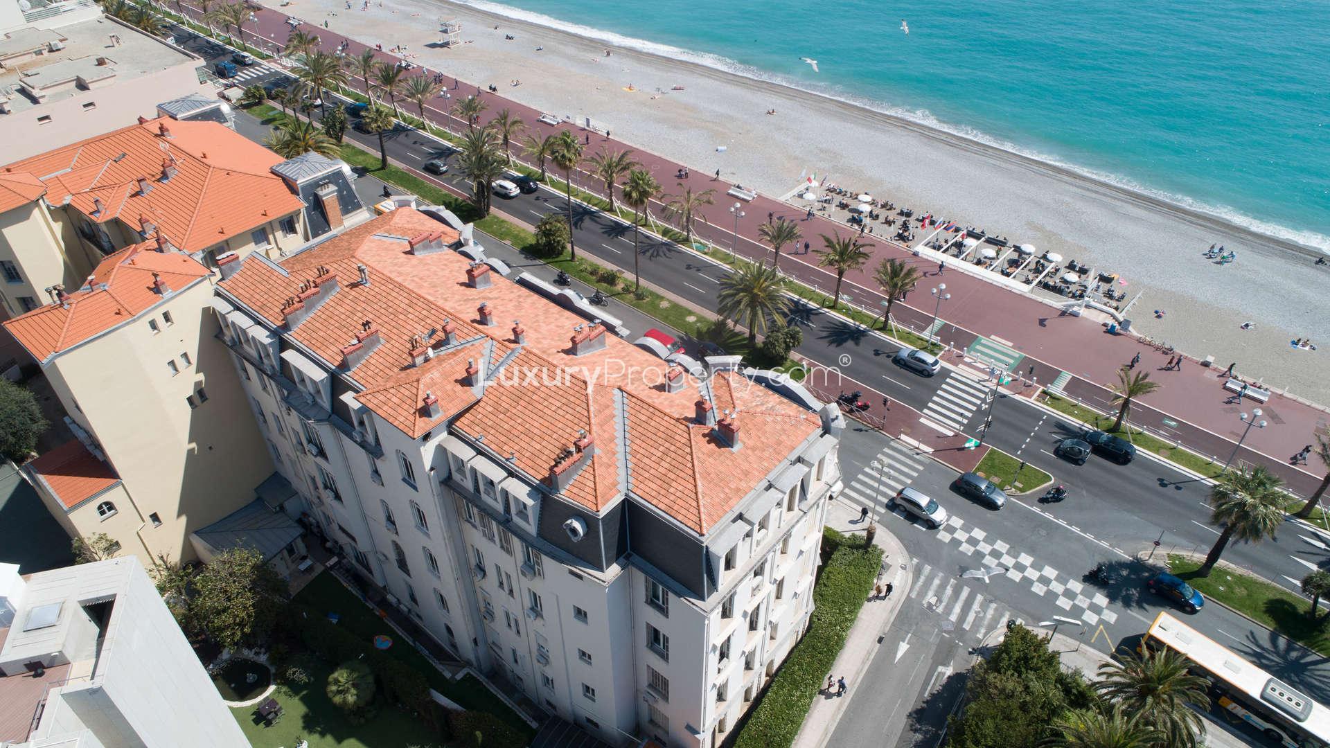 Aerial view of Haussmann-style apartment on Promenade des Anglais, Nice, for sale