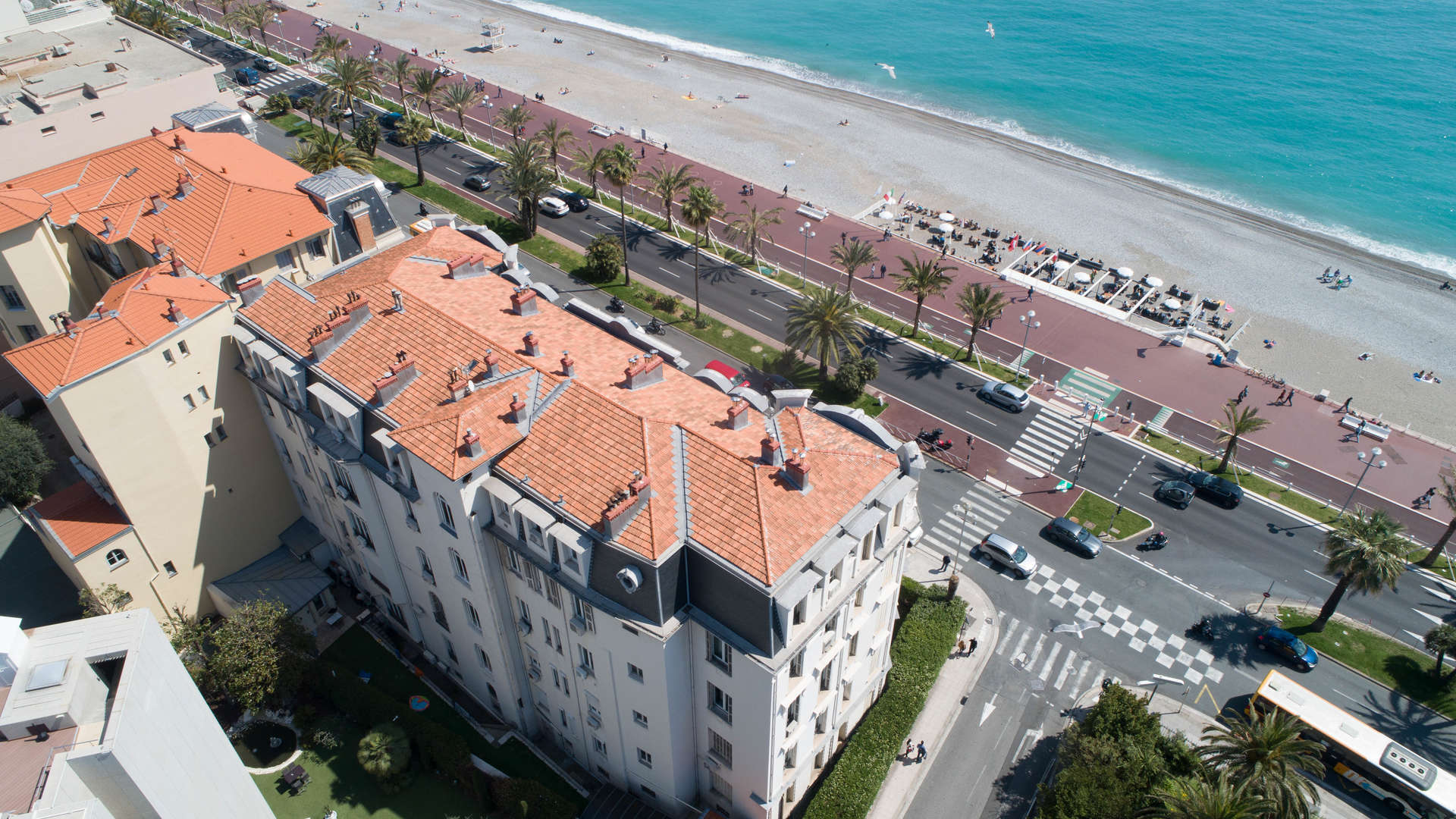 Aerial view of Haussmann-style apartment on Promenade des Anglais, Nice, for sale