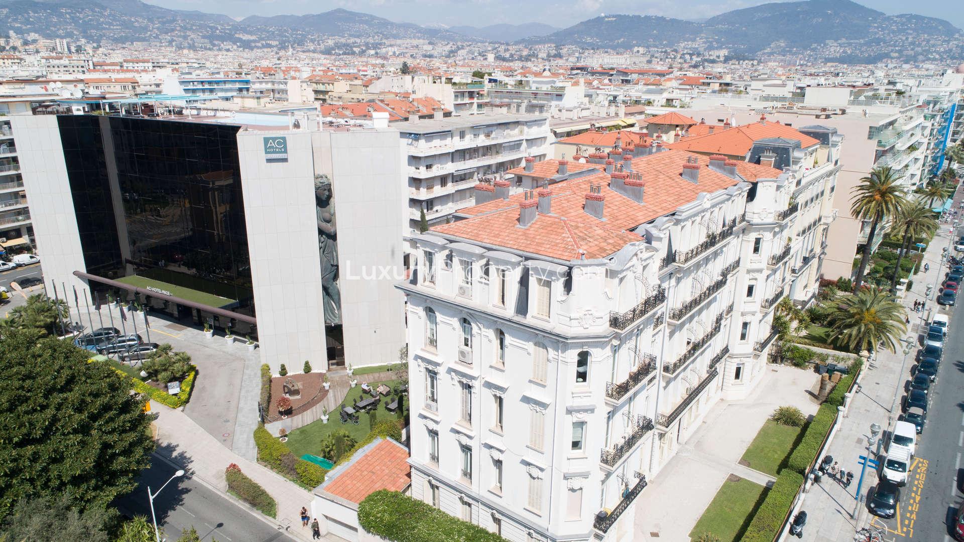 Aerial view of Haussmann-style building on Promenade des Anglais, Nice, for sale