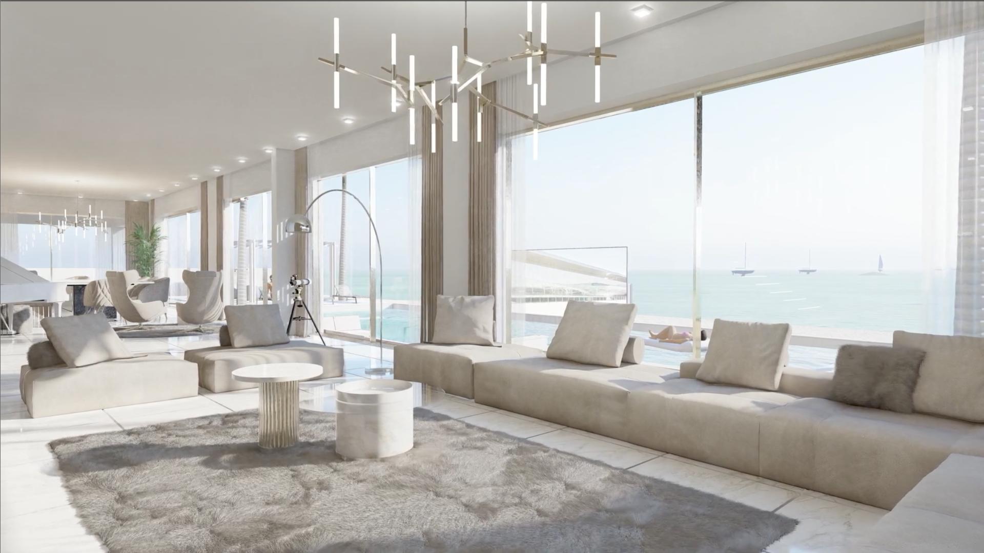 Luxurious beachfront Palm Jumeirah villa with modern architecture, surrounded by palm trees