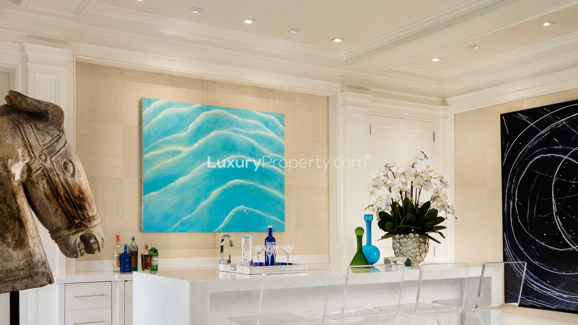 Upscale Southampton villa interior with open-concept kitchen and living area, Hamptons estate