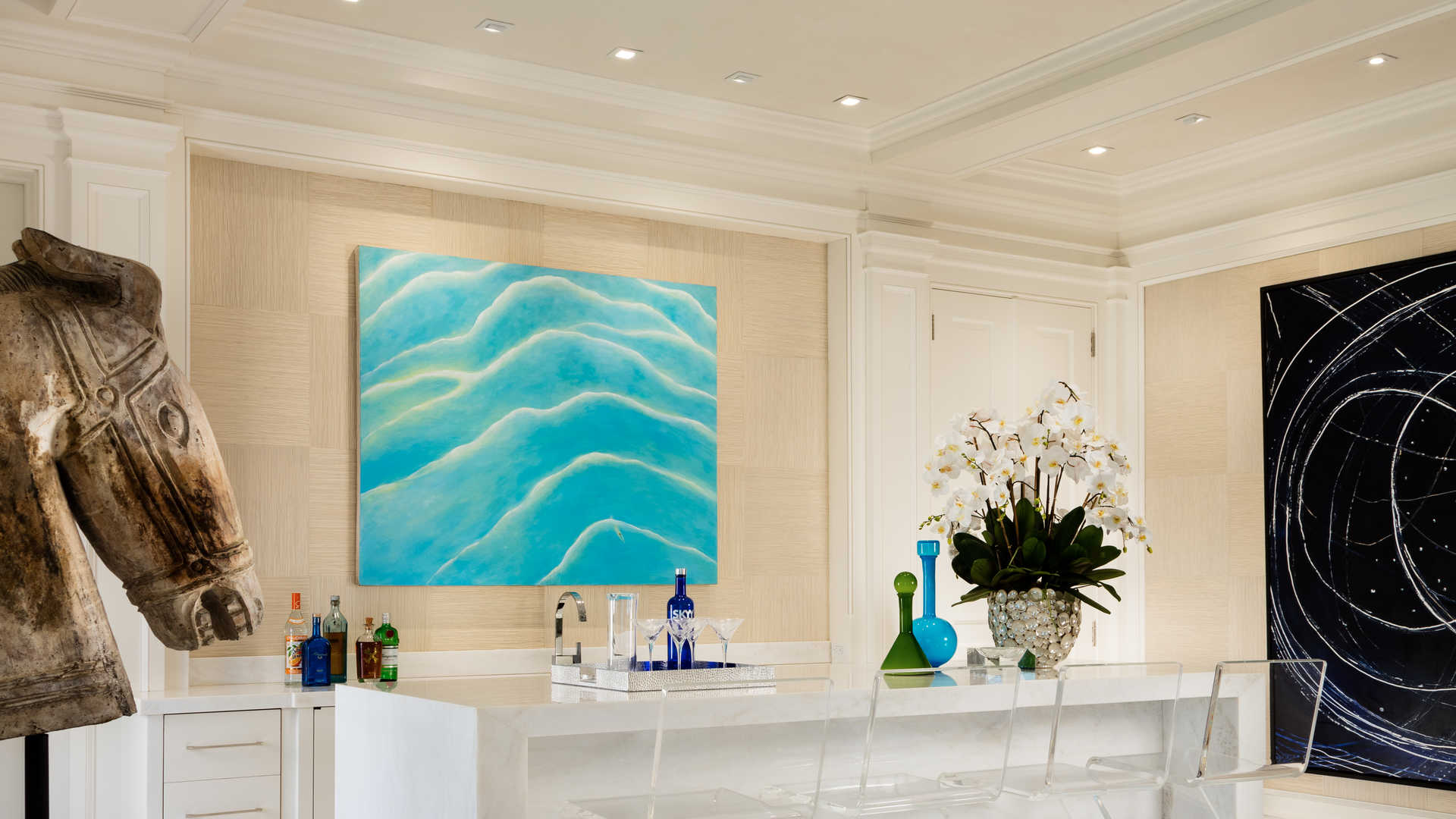 Upscale Southampton villa interior with open-concept kitchen and living area, Hamptons estate