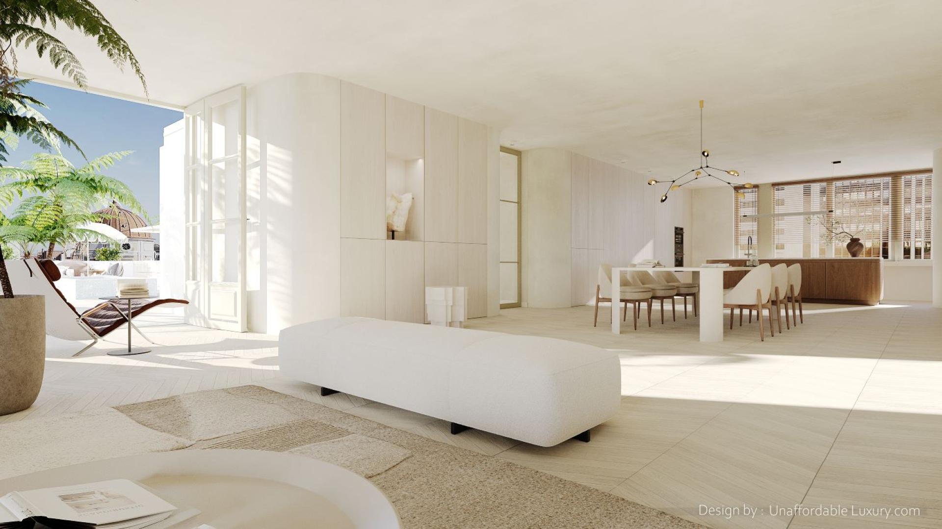 Luxurious rooftop terrace at sunset in Lisbon penthouse, Avenida da Liberdade, Portugal