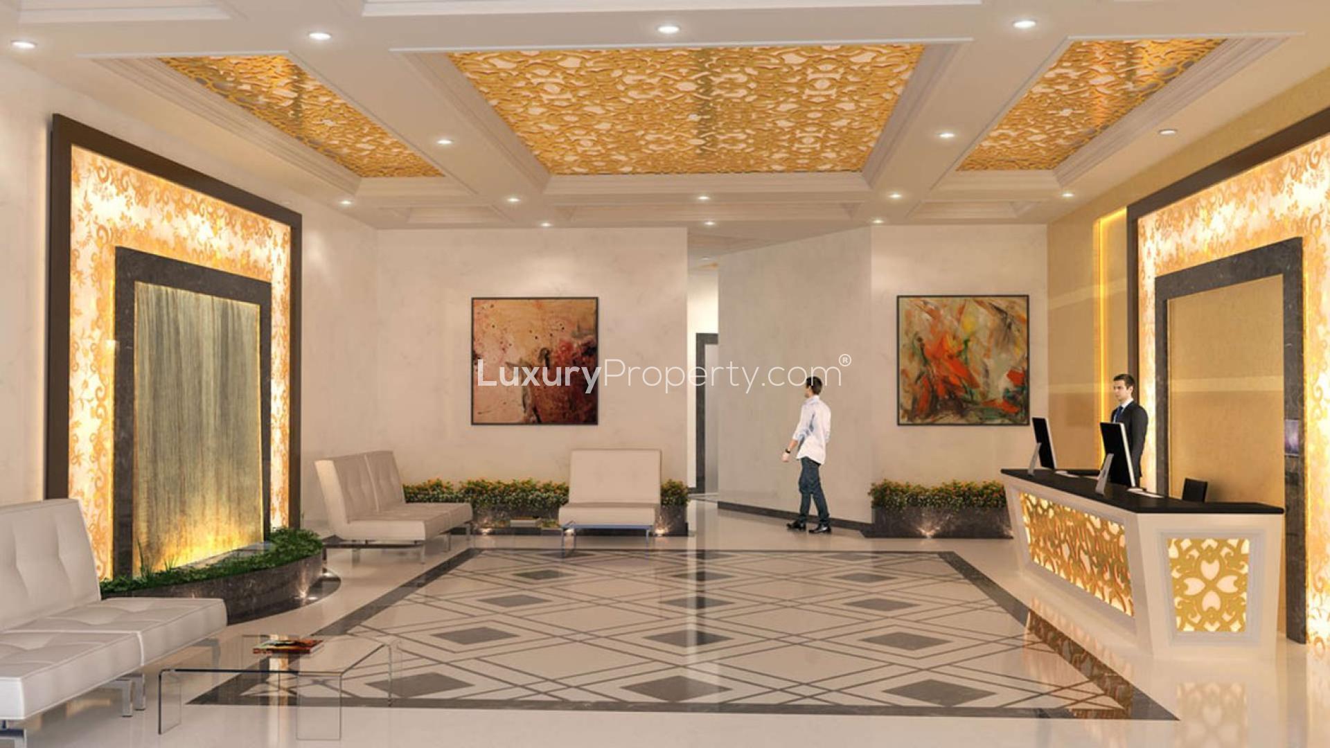 Luxurious lobby of Resortz Residence apartment for sale in Arjan, Dubai