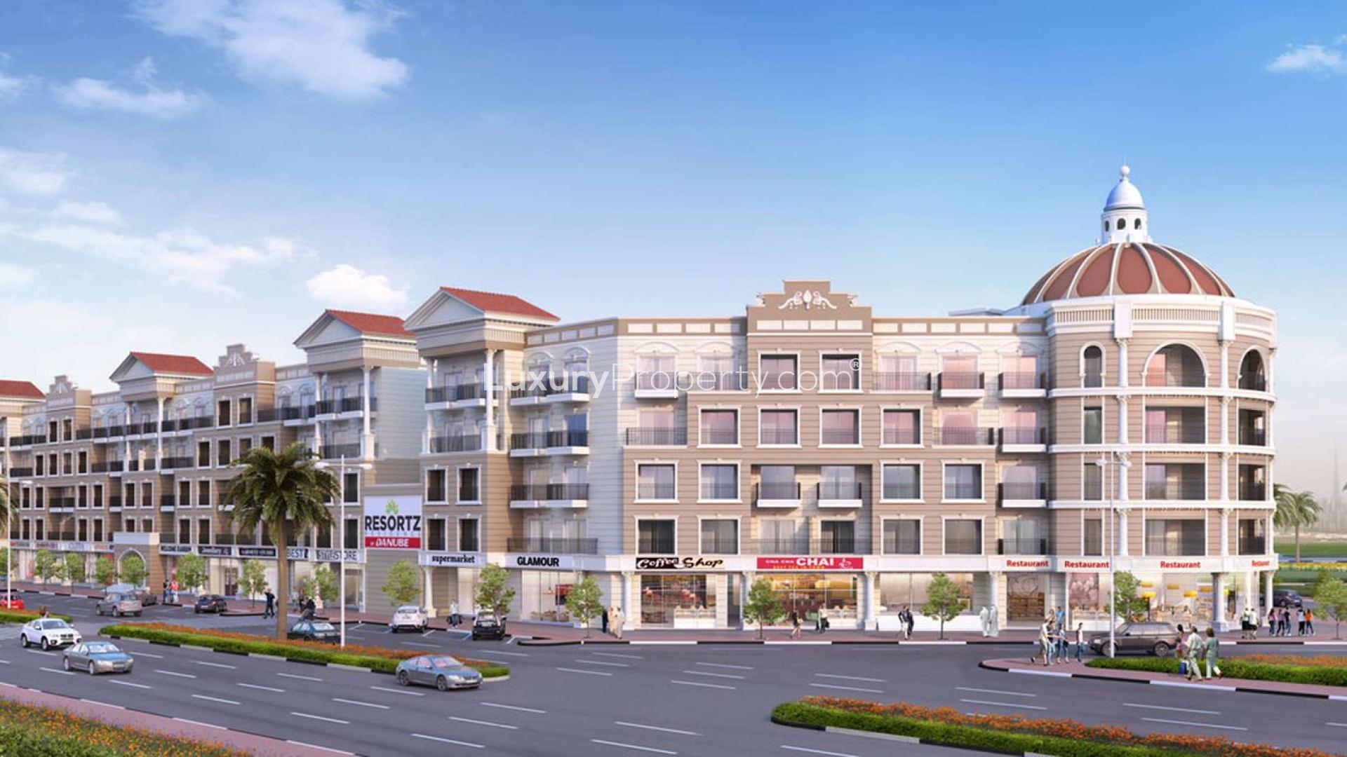 Front view of Resortz Residence, Arjan Dubai, offering studio apartments for sale