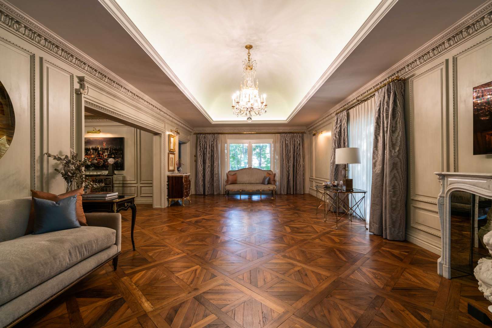 Luxurious living room in Parisian chateau-style villa, Green Community, Motor City