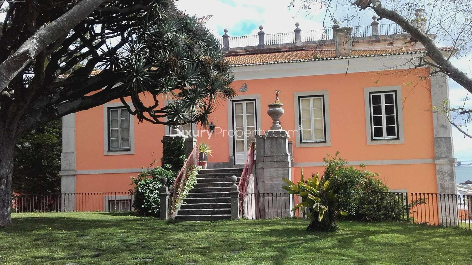 Neoclassical Palace villa exterior in Paço de Arcos, Portugal, gated entrance, for sale