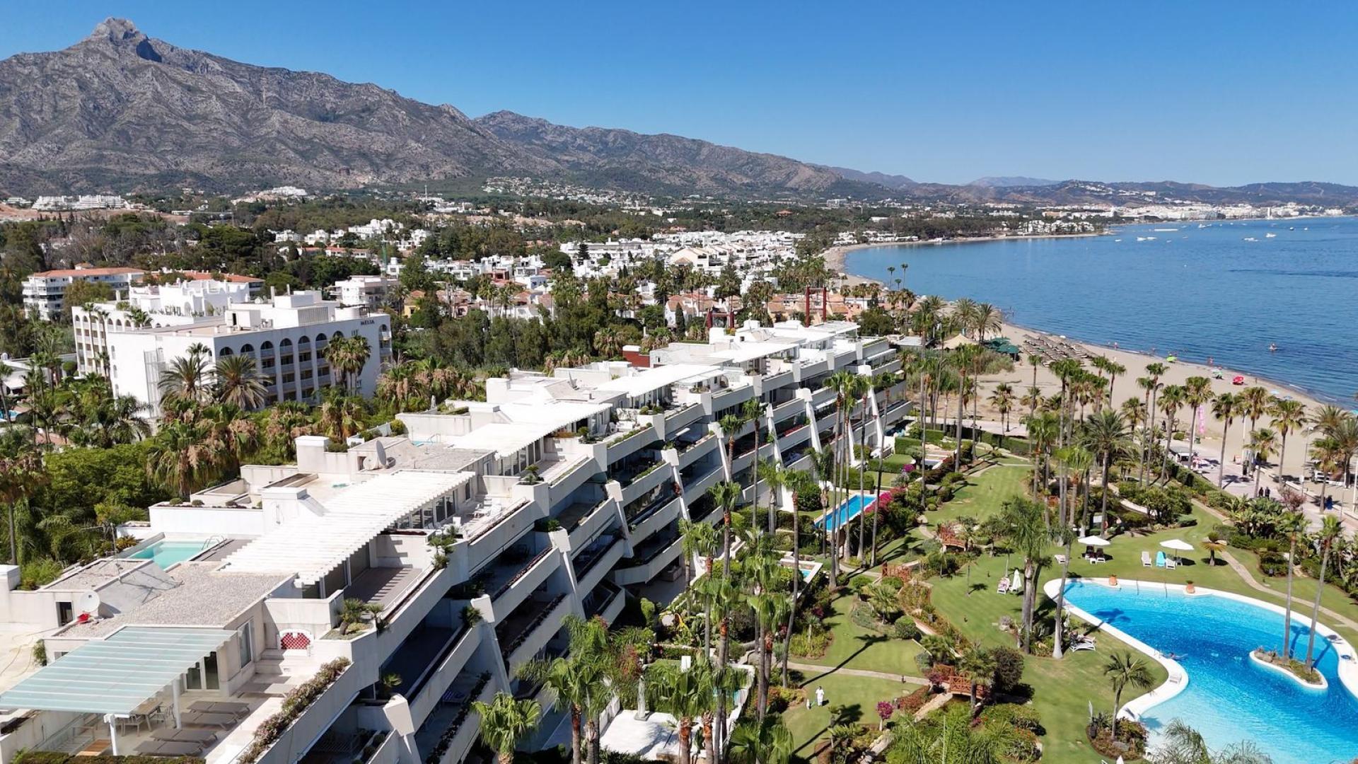 Aerial view of Puerto Banús beachfront penthouse with pool, palm trees, and ocean scenery