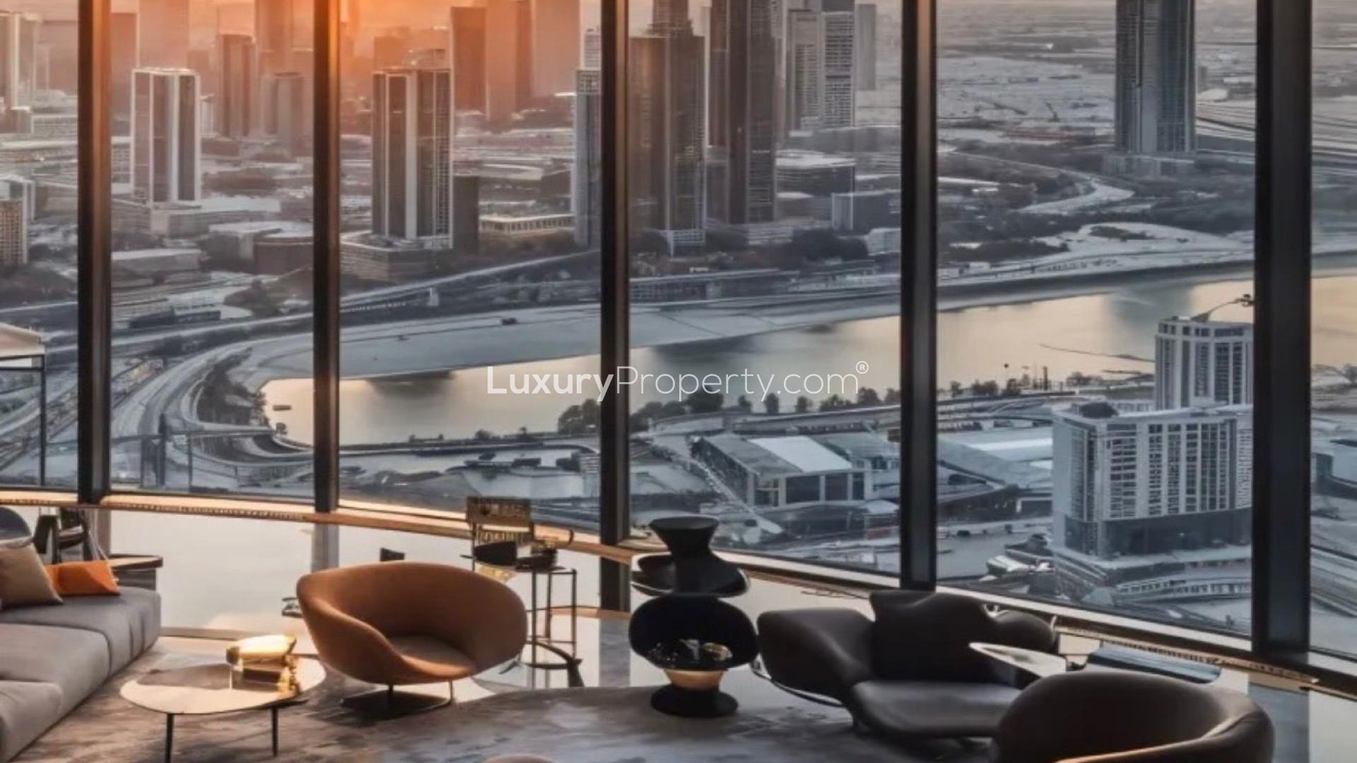 Luxurious library in Burj Khalifa penthouse, Downtown Dubai, with elegant leather chairs and bookshelves