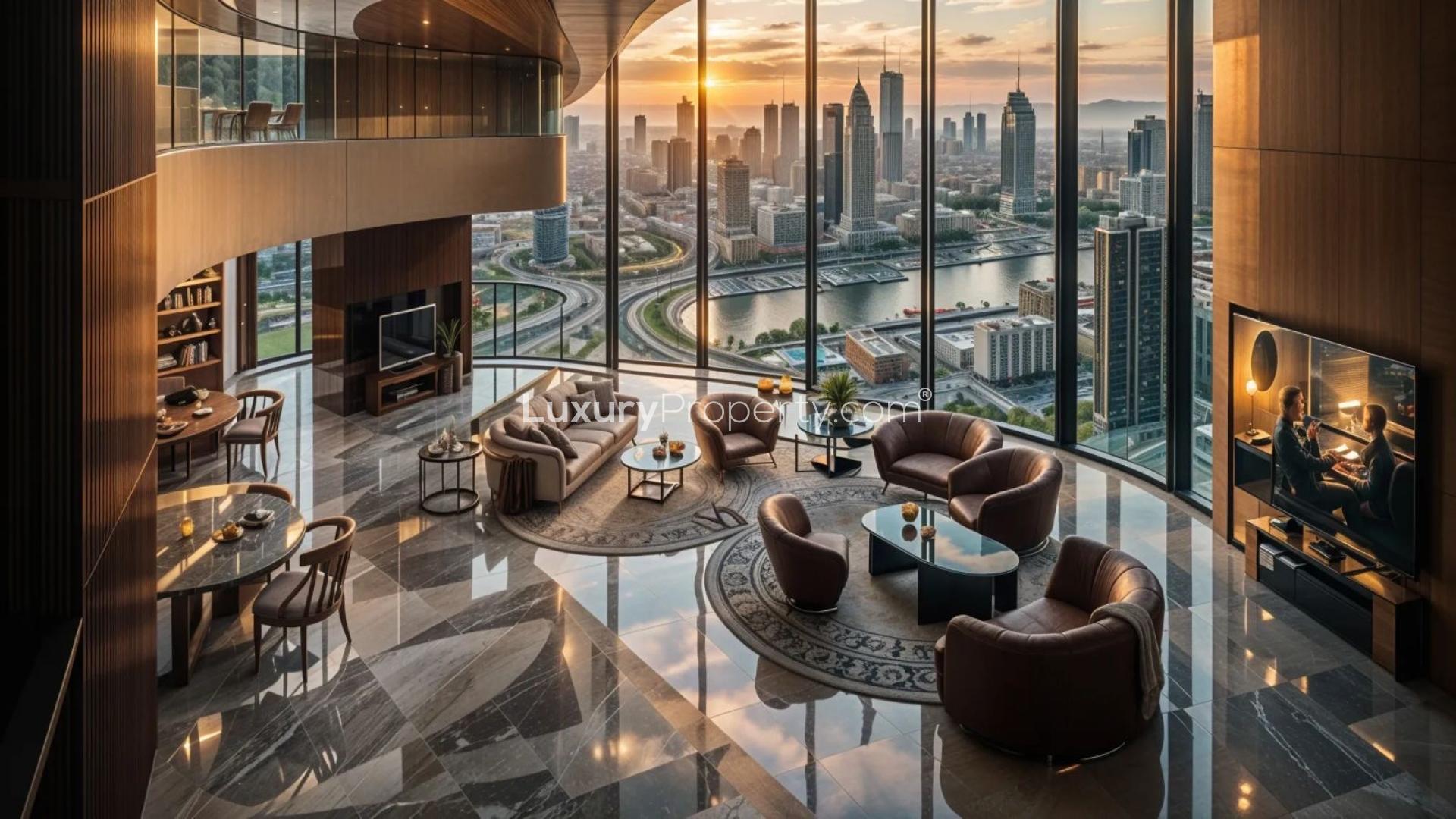Luxurious penthouse living room with panoramic views, elegant staircase, and modern furnishings in Dubai