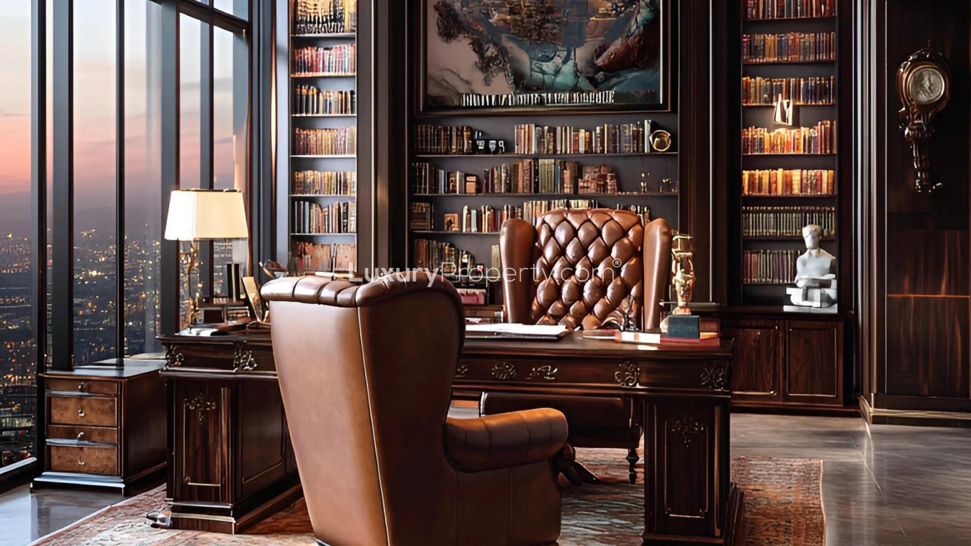 Luxurious penthouse living room with stunning Downtown Dubai skyline view, Burj Khalifa sub-community