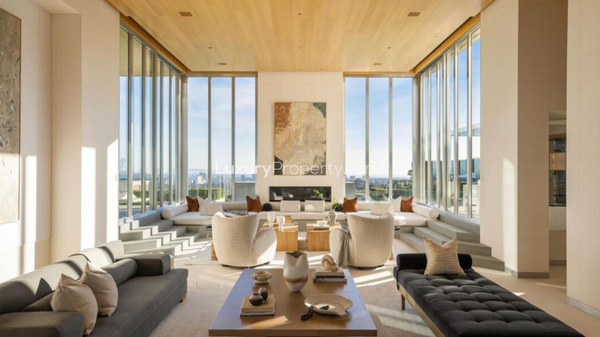 Luxurious living room in Angelo Estate Villa with panoramic views, Beverly Hills, California