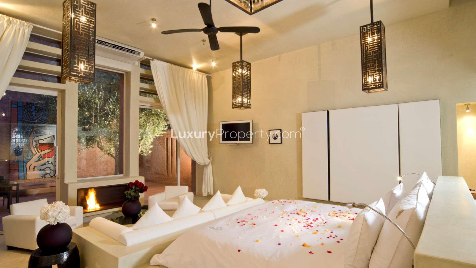 Luxurious living room in Palmeraie villa, Marrakech, featuring elegant sofas and modern decor