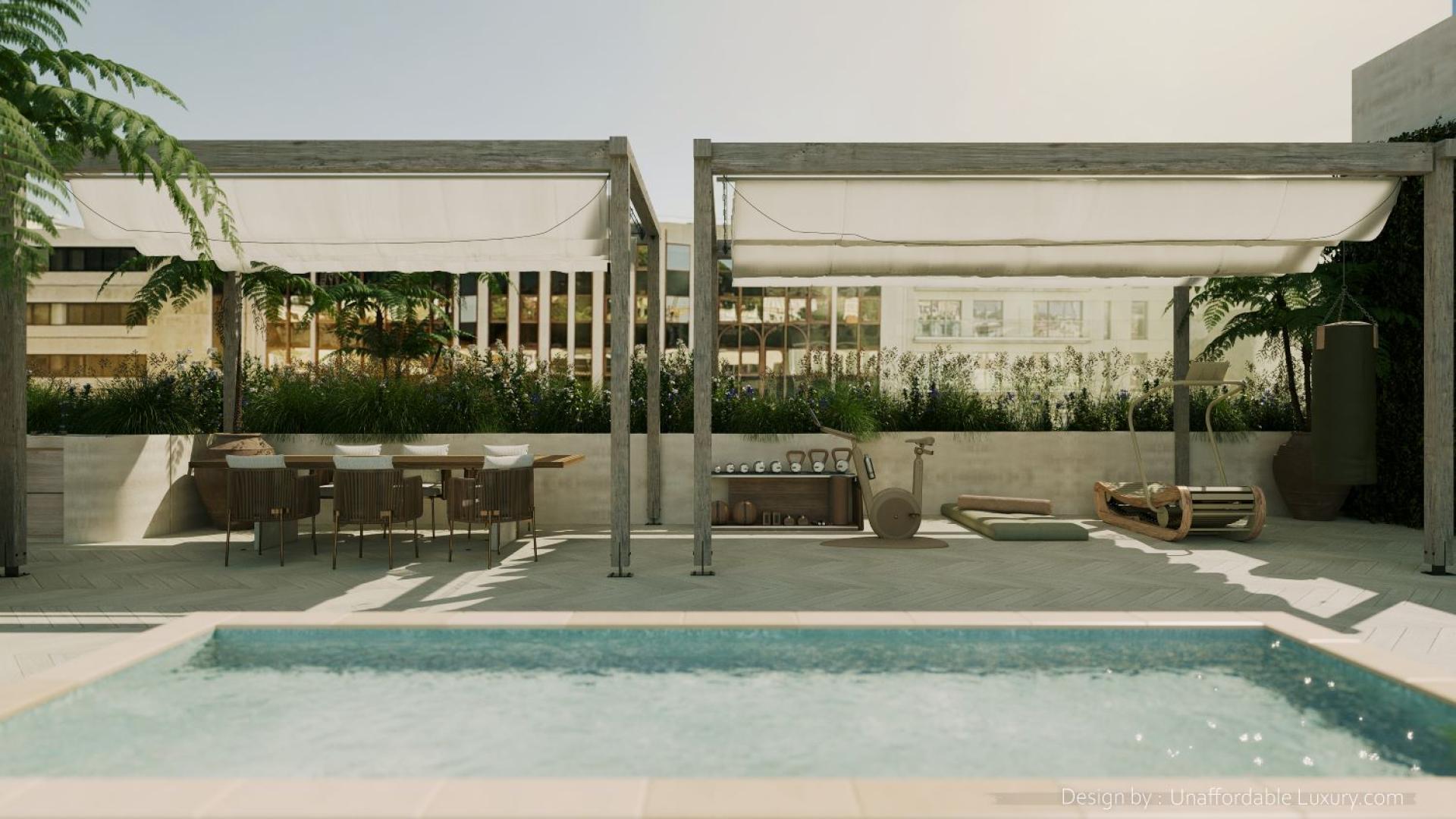 Luxurious open-plan living area in Lisbon penthouse with terrace and modern decor