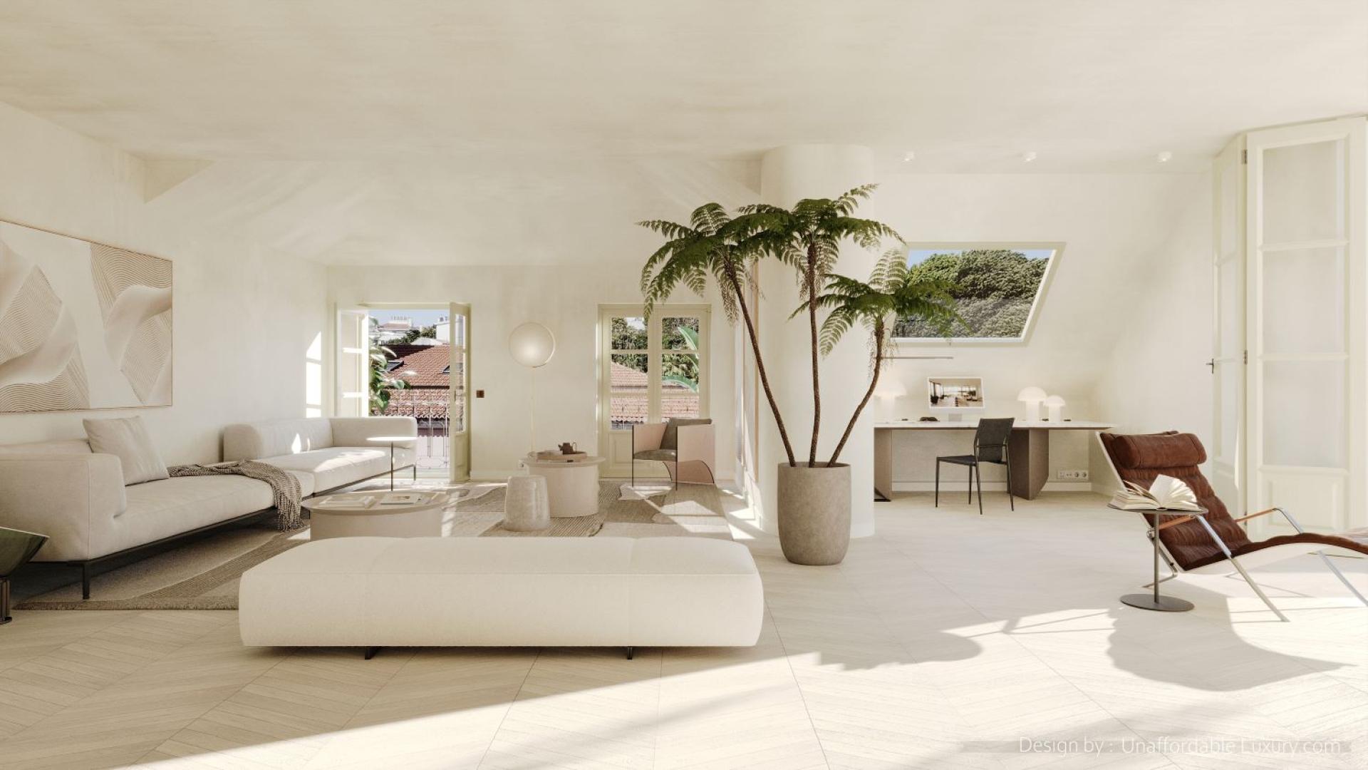 Luxurious open-plan living area in Lisbon penthouse with terrace and modern decor