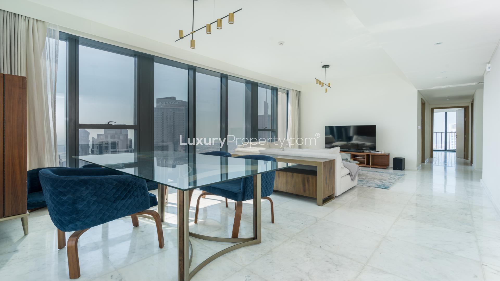High-floor furnished apartment living room with city view, Downtown Dubai, BLVD Heights