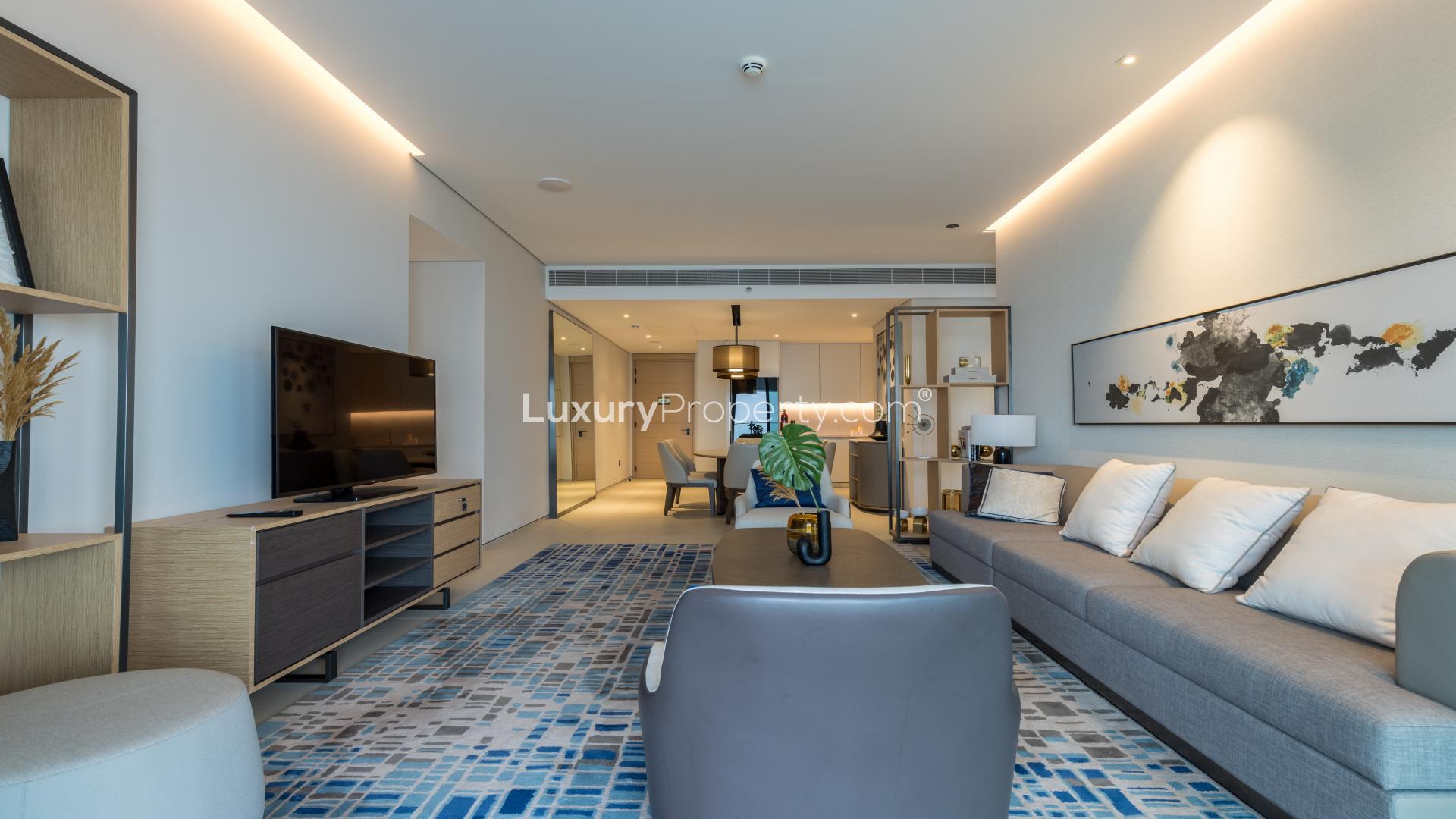 Luxury serviced apartment living room with spacious balcony and sea view, Jumeirah Beach Residence