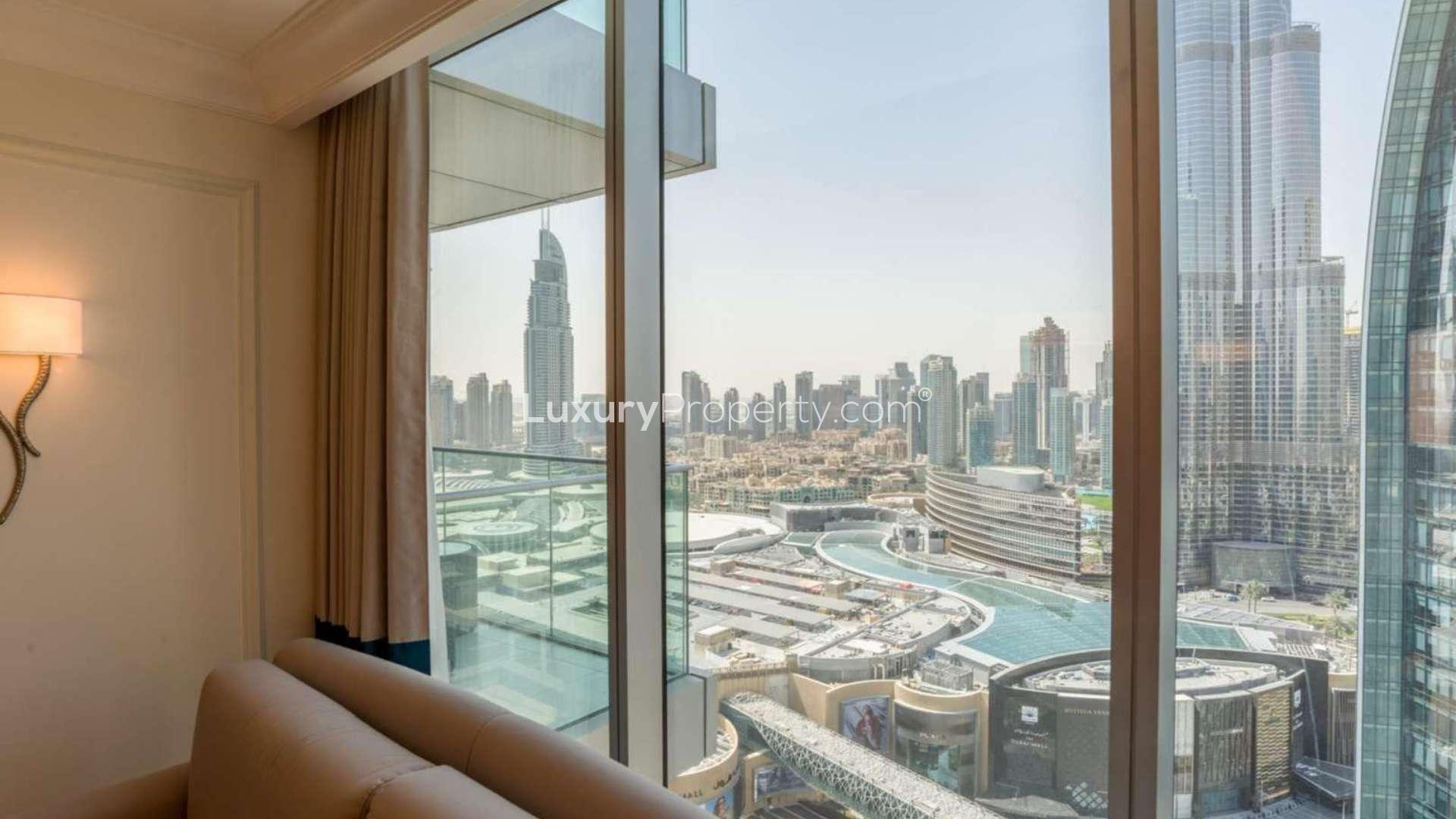 Luxurious living room with Burj Khalifa view in Downtown Dubai apartment for rent