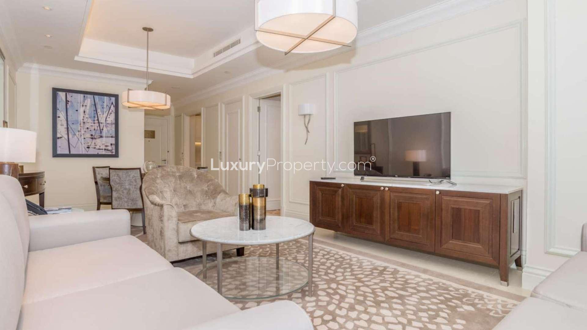 Furnished apartment living room with Burj Khalifa view, Downtown Dubai, The Address The BLVD