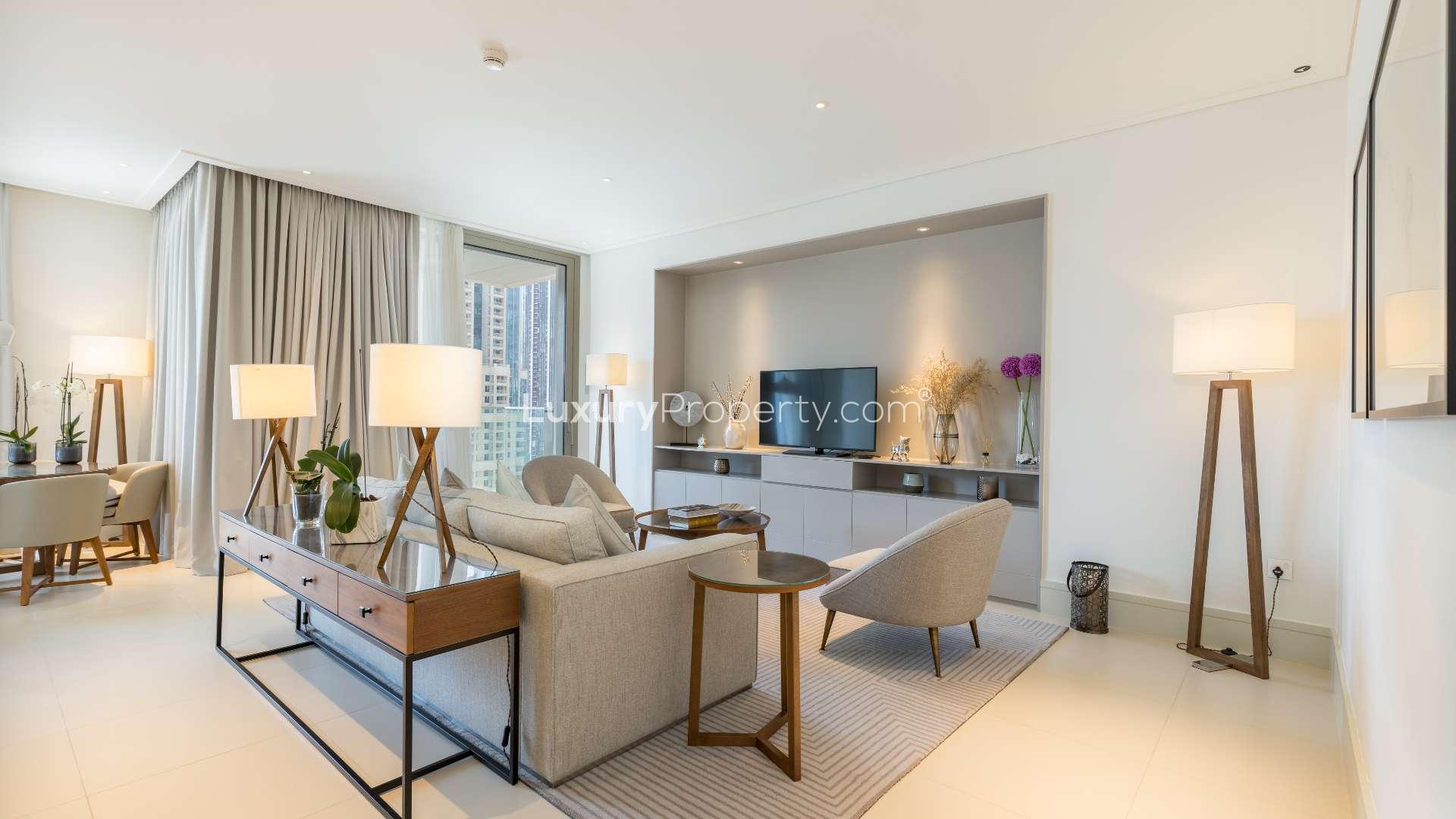 Fully furnished living and dining area in Vida Residence, Downtown Dubai apartment for rent