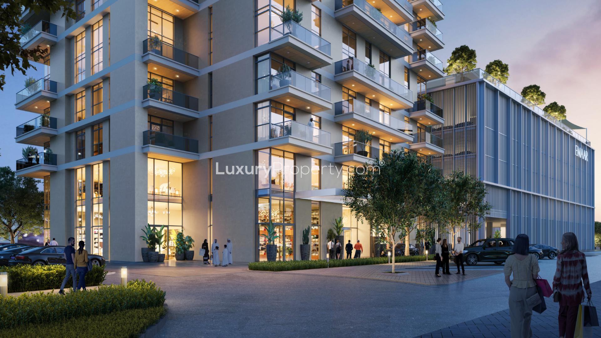 Stylish living room with city view in Golf Heights, Emirates Living apartment for sale