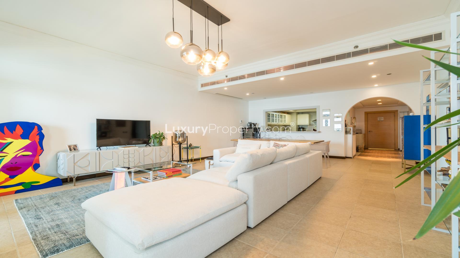Luxurious living room in upgraded two-bed apartment, Shoreline Apartments, Palm Jumeirah