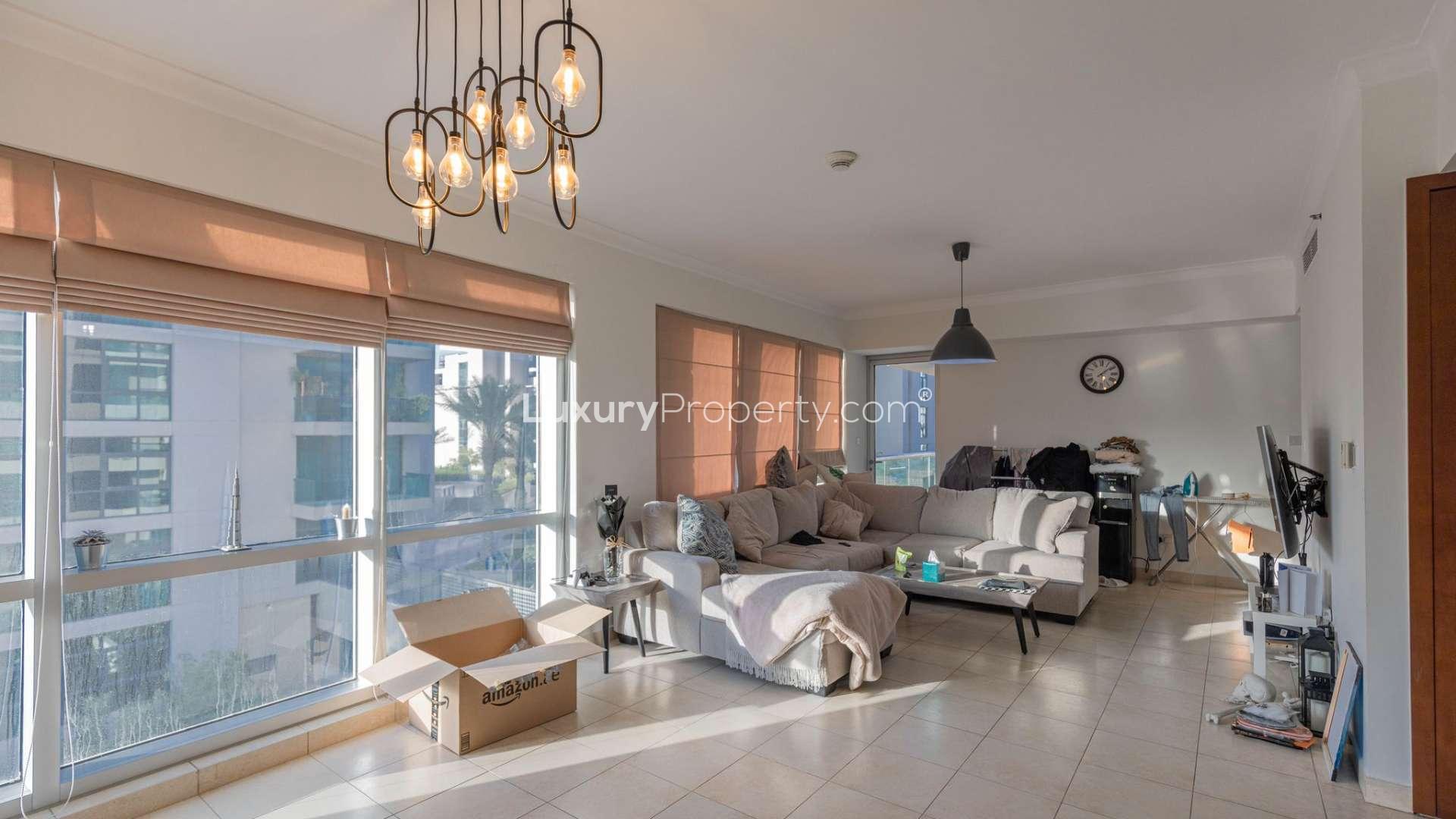 Skyline and park views from The Fairways apartment in The Views community, Dubai