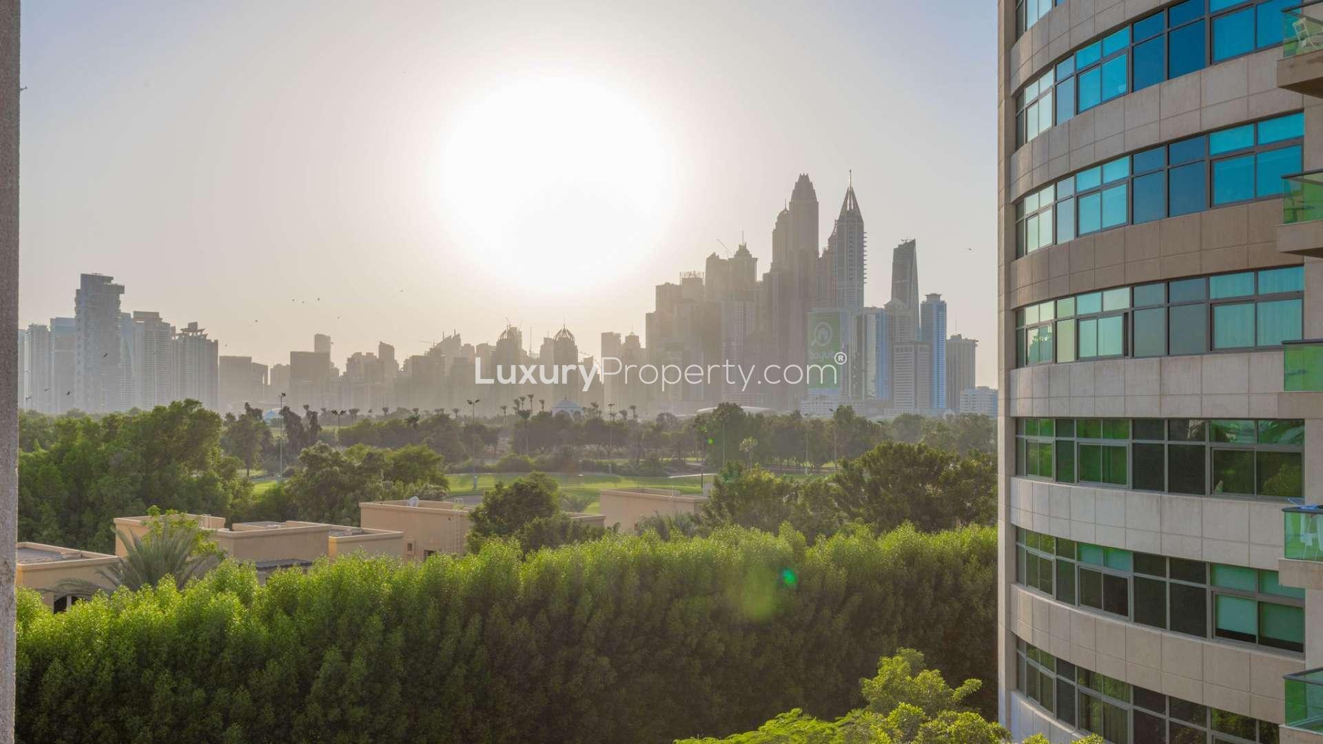 Balcony view from exclusive apartment in The Fairways, The Views, showcasing skyline and park