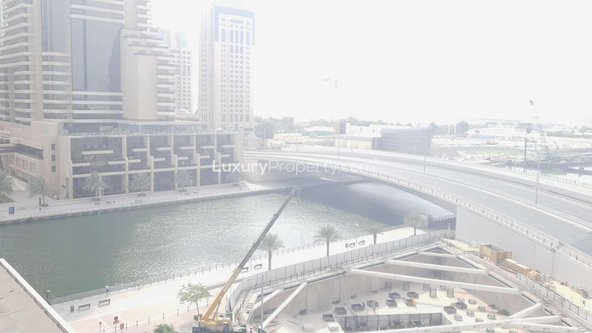 Luxurious Damac Heights apartment living room with marina views, Dubai Marina rental
