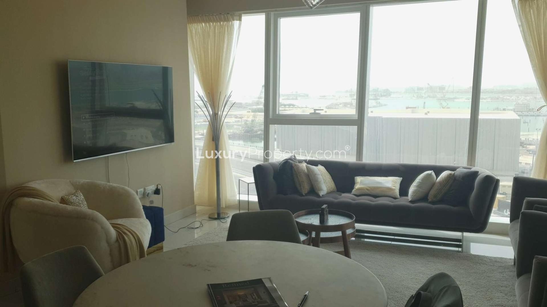 Luxurious living room with marina views in Damac Heights, Dubai Marina apartment